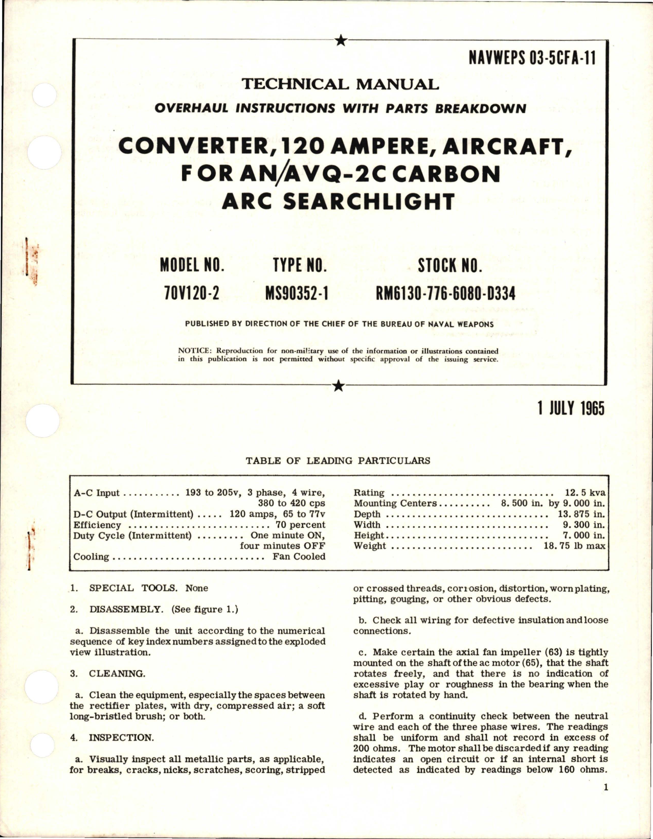 Sample page 1 from AirCorps Library document: Overhaul Instructions with Parts Breakdown for Carbon ARC Searchlight Converter 