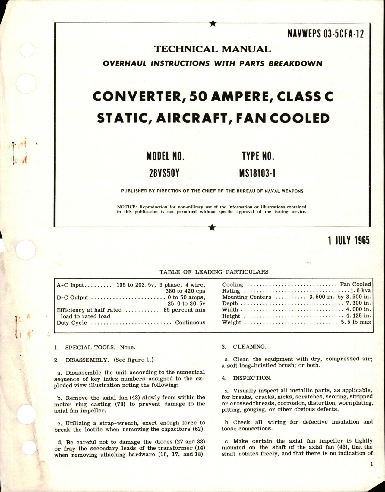 Sample page 1 from AirCorps Library document: Overhaul Instructions with Parts Breakdown for Fan Cooled Static Converter - Class C - 50 Ampere