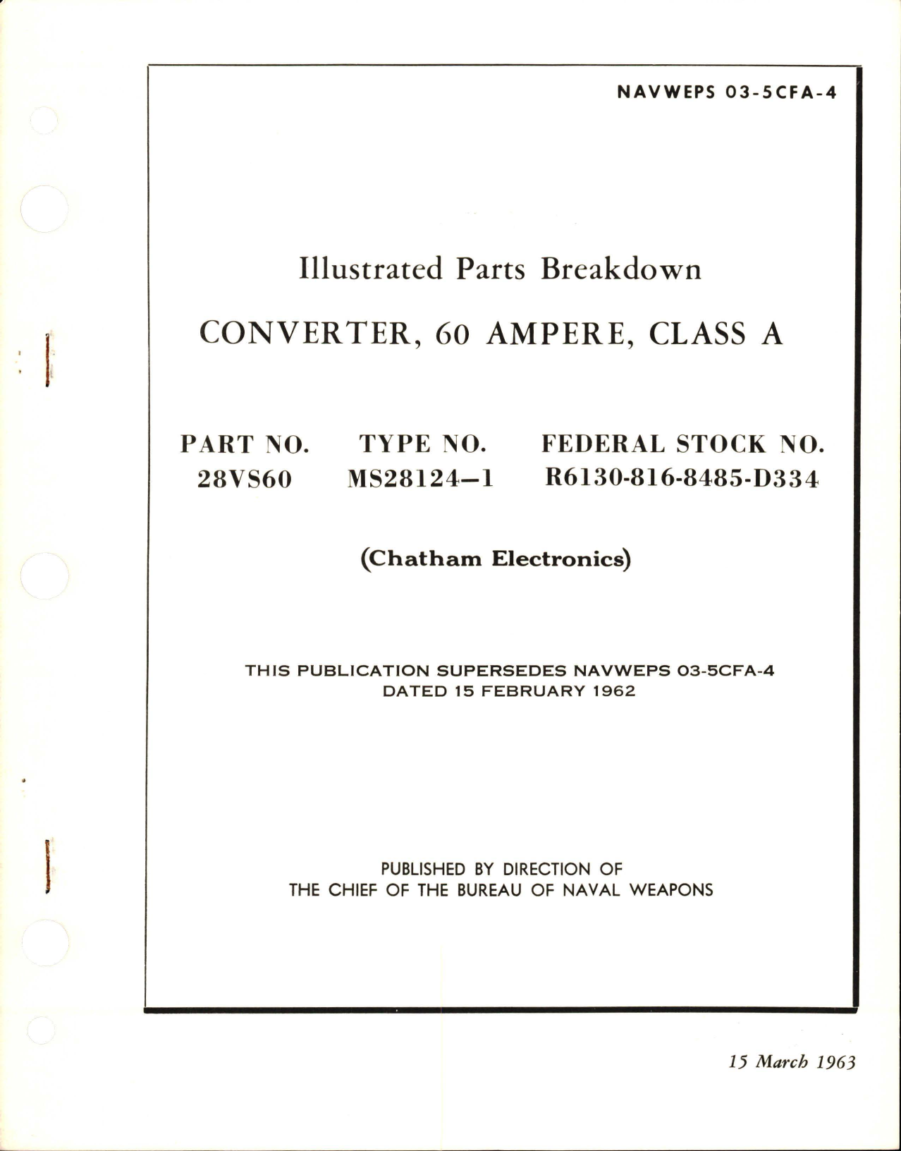 Sample page 1 from AirCorps Library document: Illustrated Parts Breakdown for 60 Ampere - Class A - Converter - Part 28VS60 - Type MS28124-1