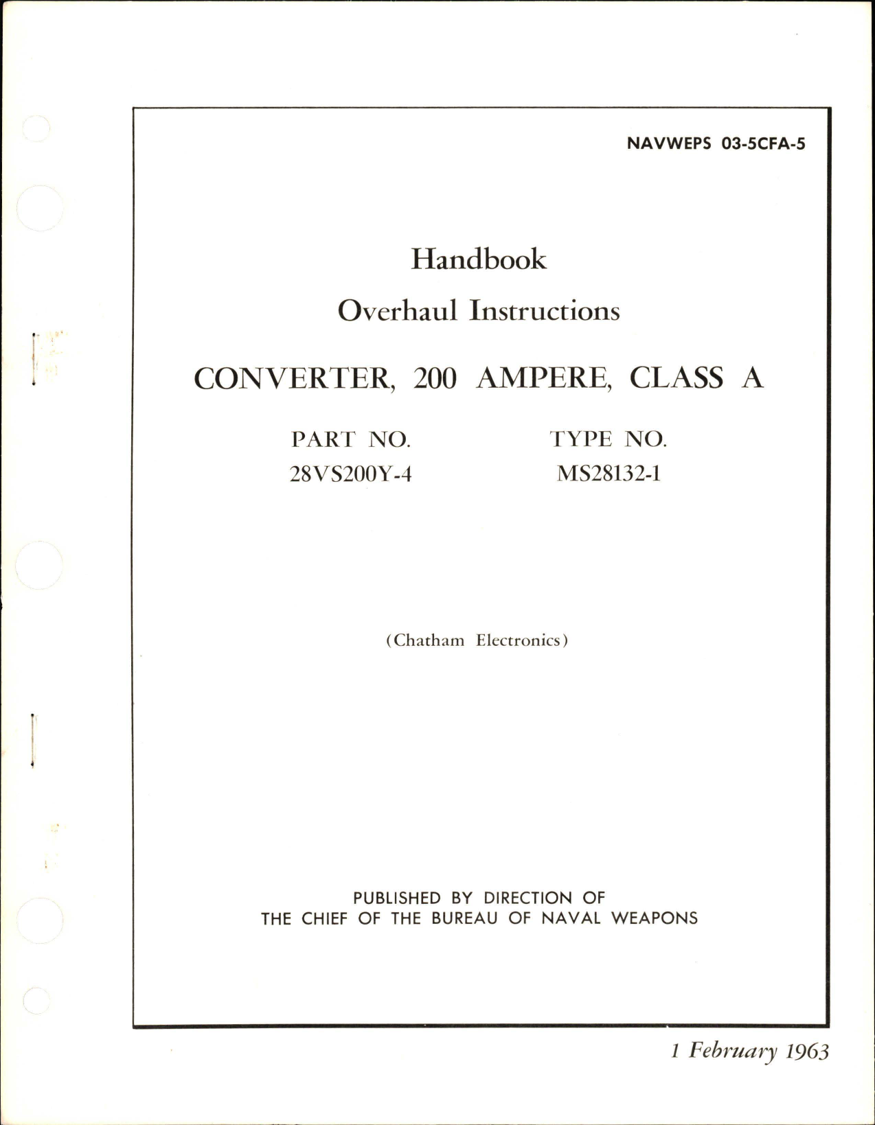 Sample page 1 from AirCorps Library document: Overhaul Instructions for 200 Ampere Class A Converter - Part 28VS200Y-4 - Type MS28132-1