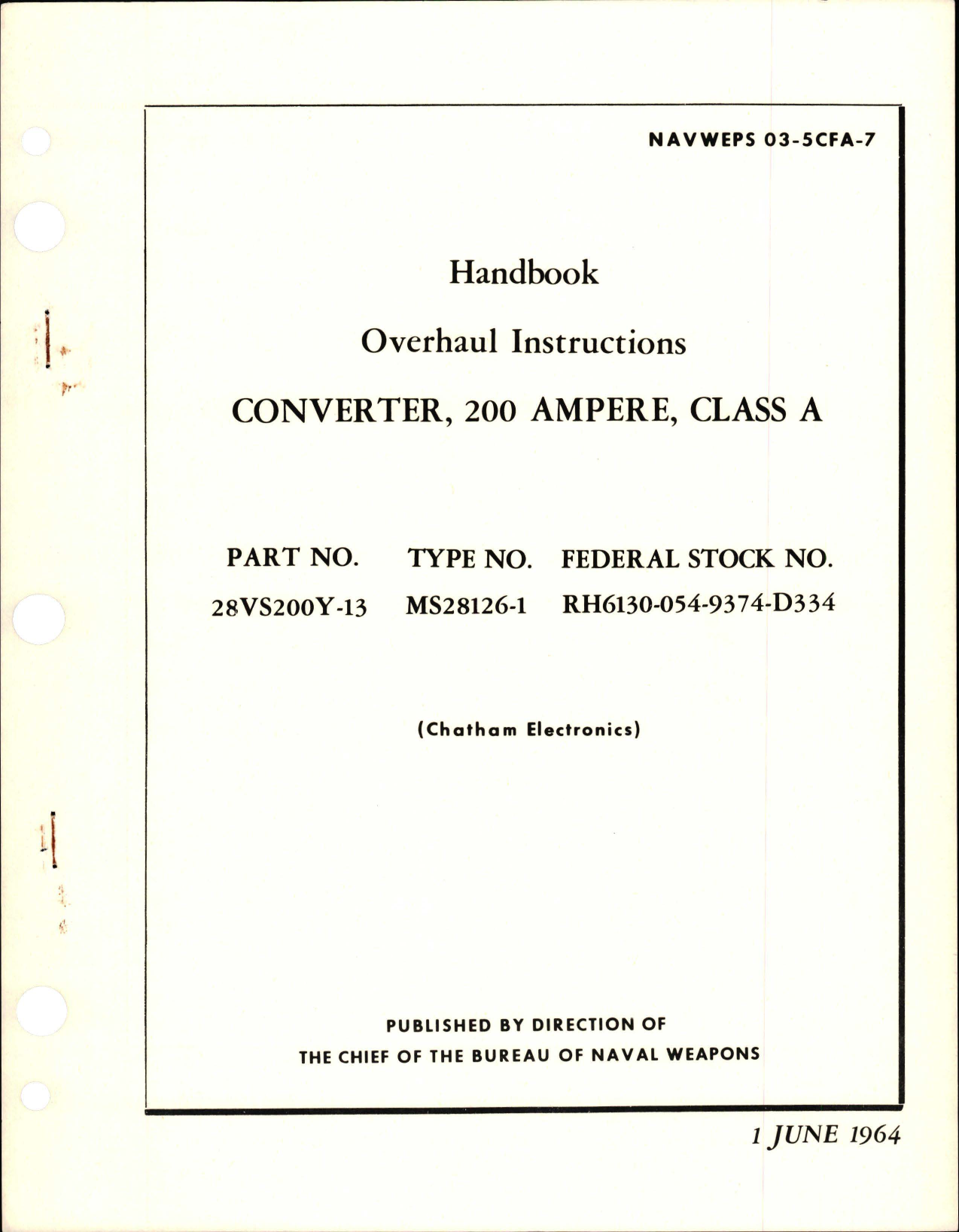 Sample page 1 from AirCorps Library document: Overhaul Instructions for 200 Ampere Class A Converter - Part 28VS200Y-13 - Type MS28126-1