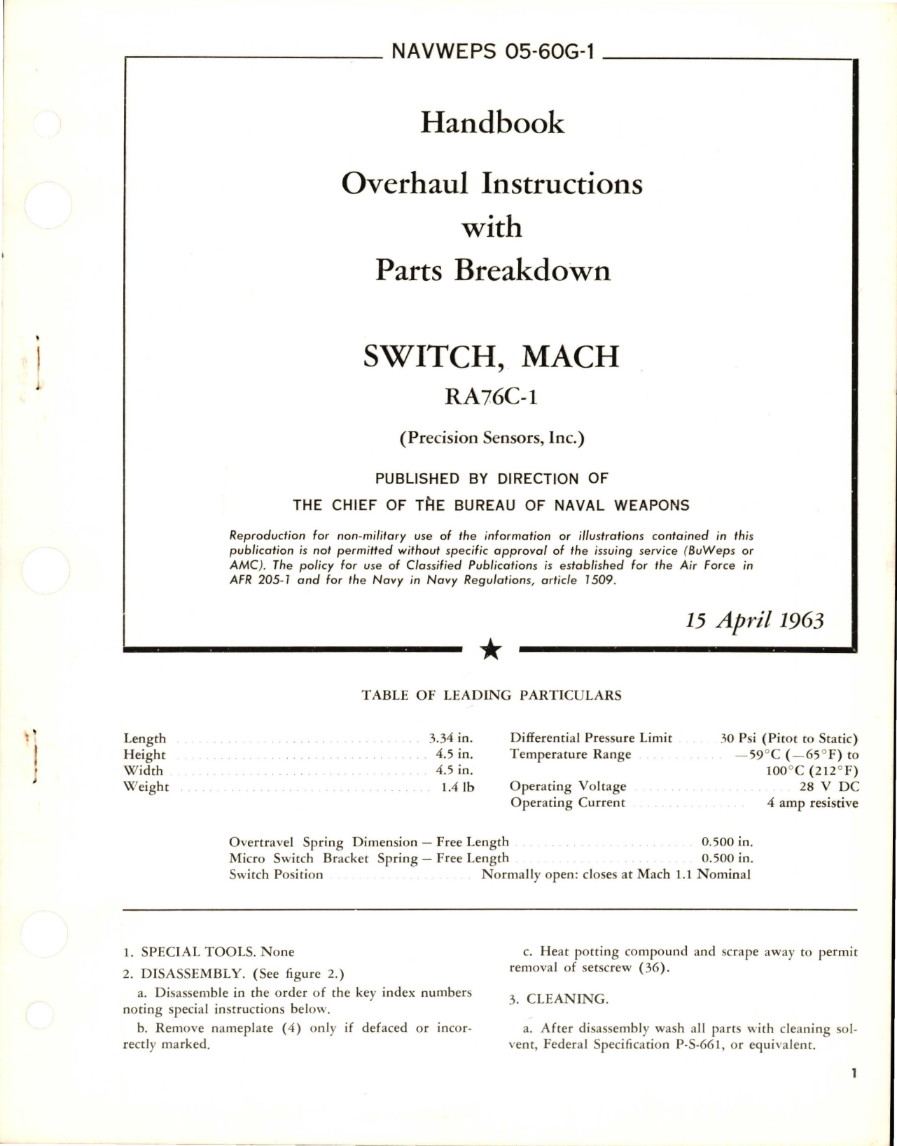 Sample page 1 from AirCorps Library document: Overhaul Instructions with Parts Breakdown for Mach Switch - RA76C-1