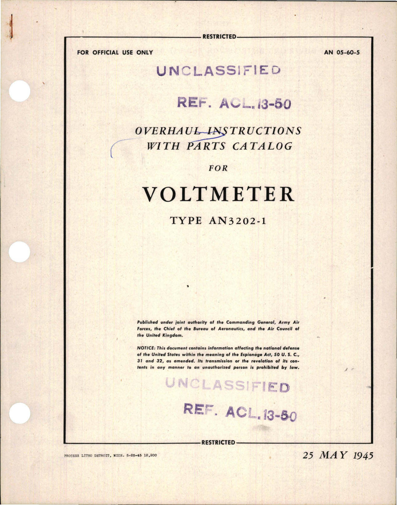 Sample page 1 from AirCorps Library document: Overhaul Instructions with Parts Catalog for Voltmeter - Type AN3202-1