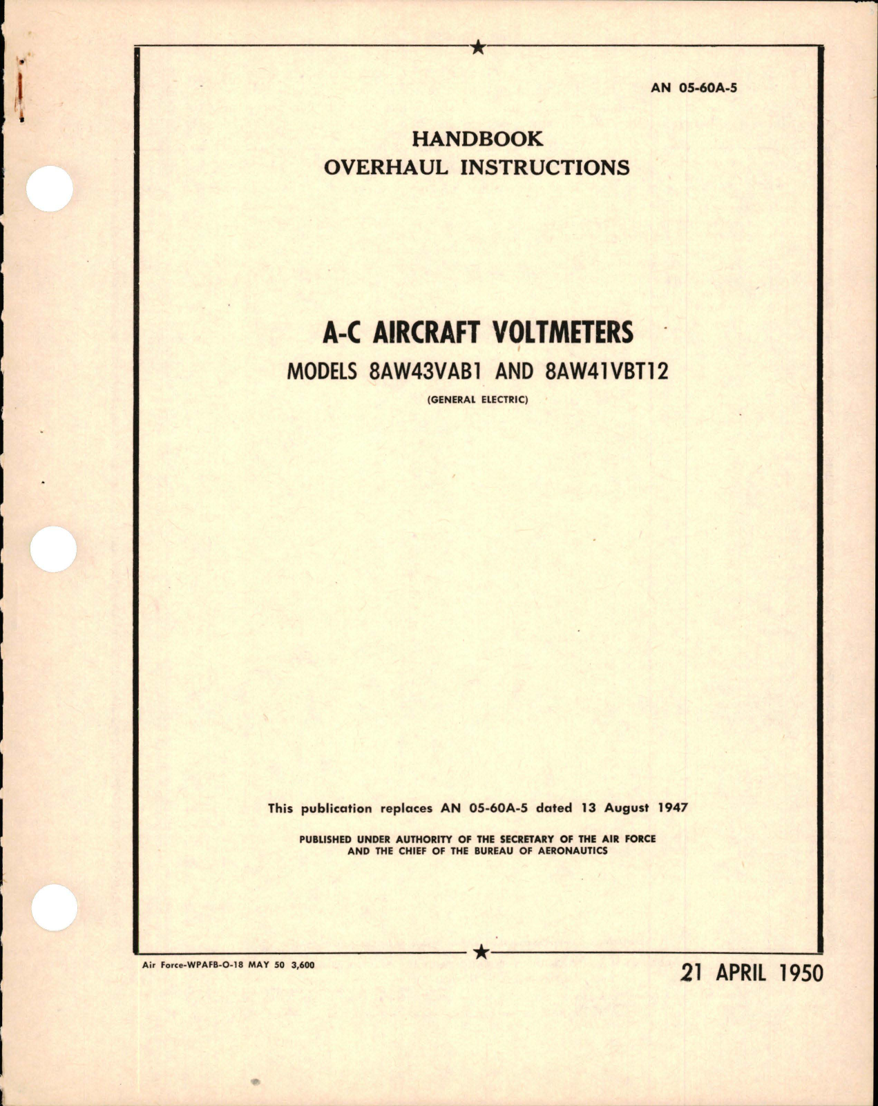 Sample page 1 from AirCorps Library document: Overhaul Instructions for A-C Aircraft Voltmeters - Models 8AW43VAB1 and 8AW41VBT12 