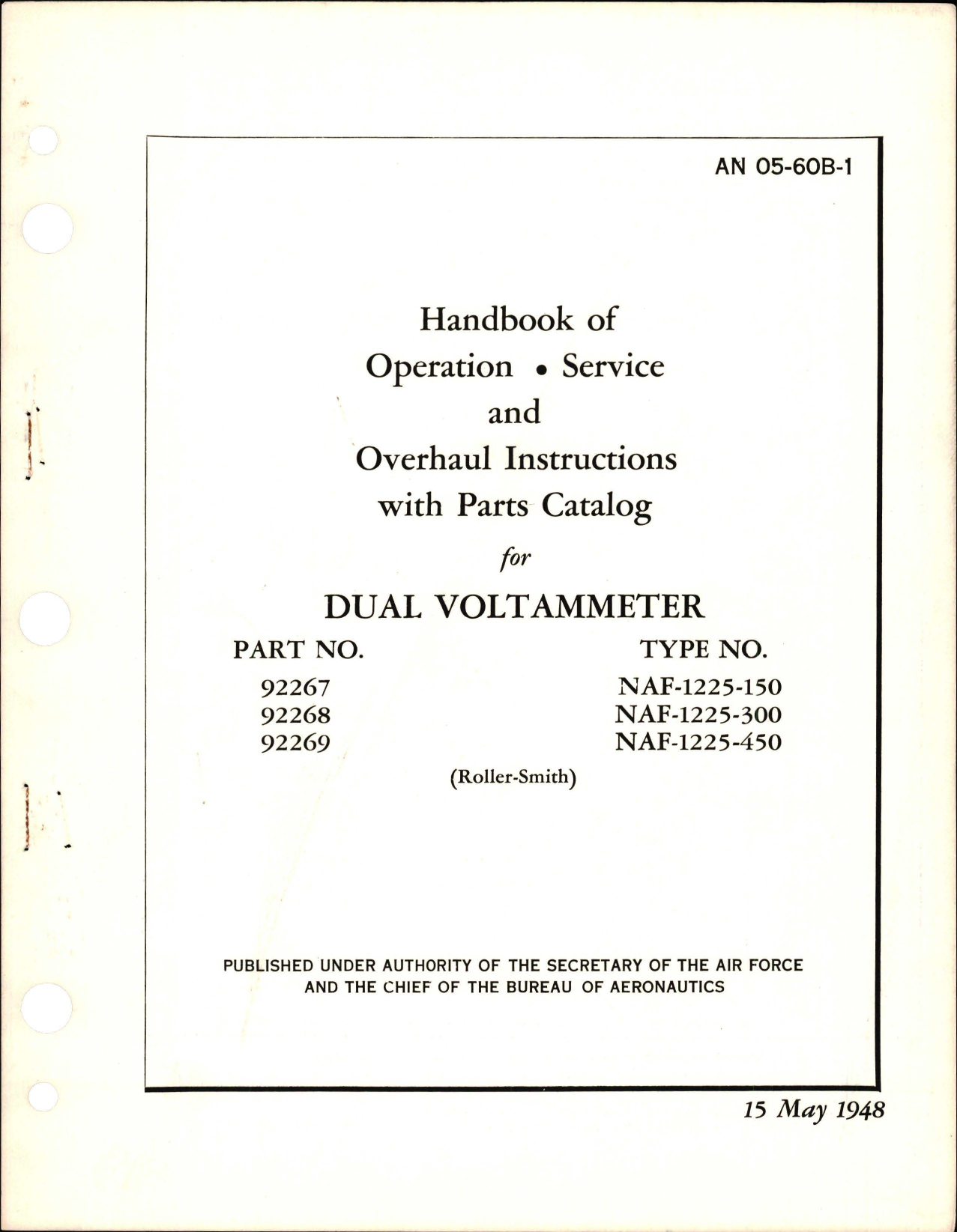 Sample page 1 from AirCorps Library document: Operation, Service and Overhaul Instructions with Parts Catalog for Dual Voltammeter - Parts 92267, 92268, 92269