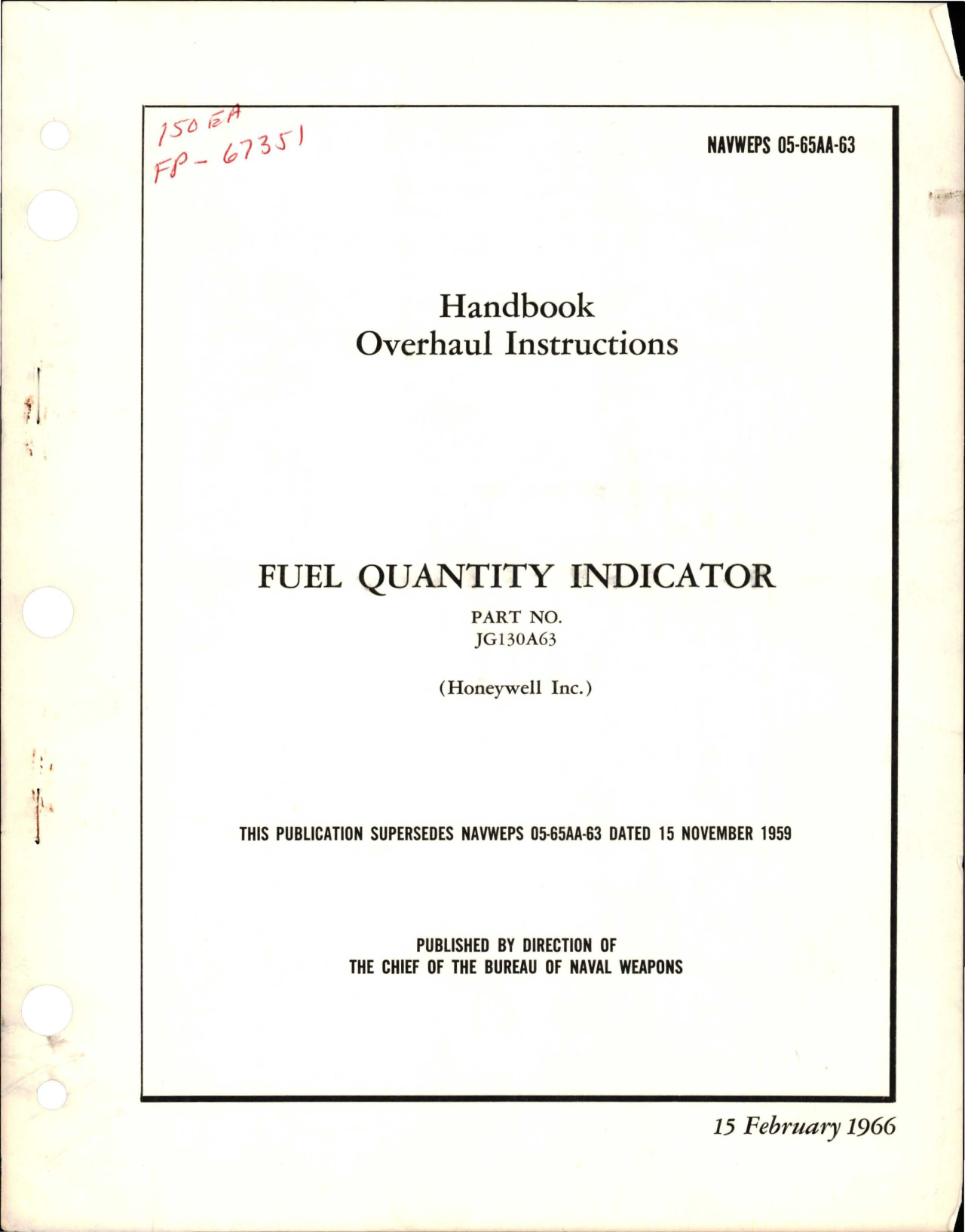 Sample page 1 from AirCorps Library document: Overhaul Instructions for Fuel Quantity Indicator - Part JG130A63