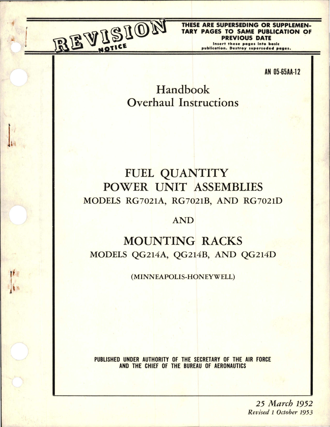 Sample page 1 from AirCorps Library document: Revision to Overhaul Instructions for Fuel Quantity Power Unit Assemblies and Mounting Racks