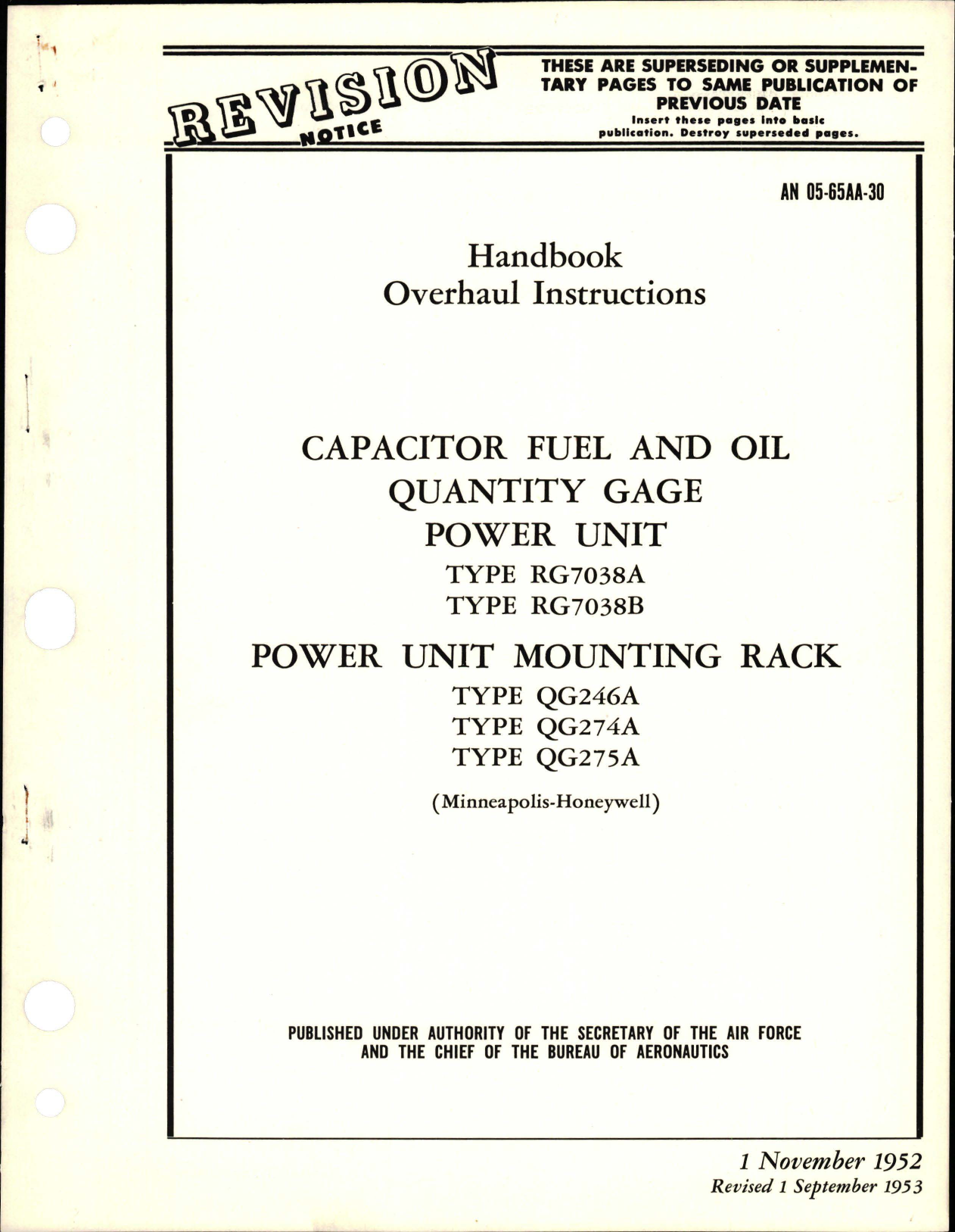 Sample page 1 from AirCorps Library document: Revision to Overhaul Instructions for Capacitor Fuel and Oil Quantity Gage Power Unit and Power Unit Mounting Rack