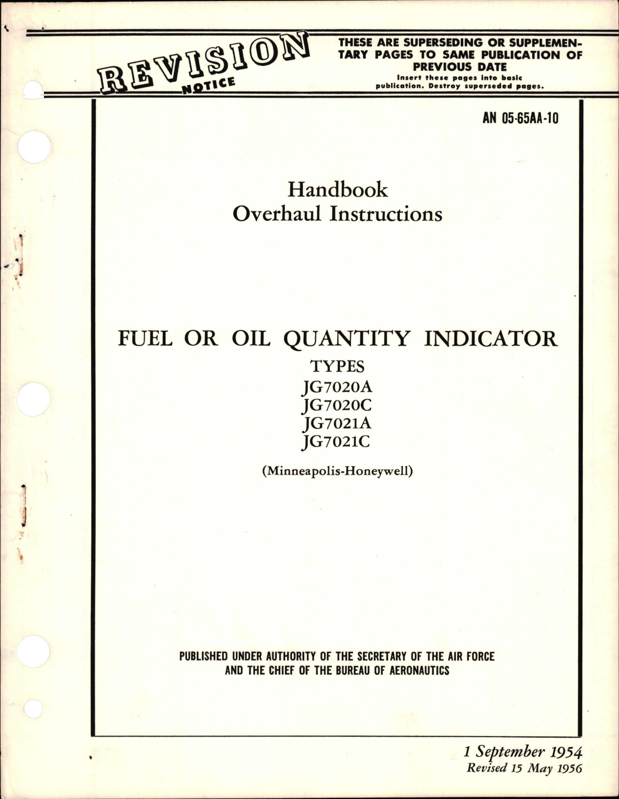 Sample page 1 from AirCorps Library document: Revision to Overhaul Instructions for Fuel or Oil Quantity Indicator - Types JG7020A, JG7020C, JG7021A, and JG7021C 