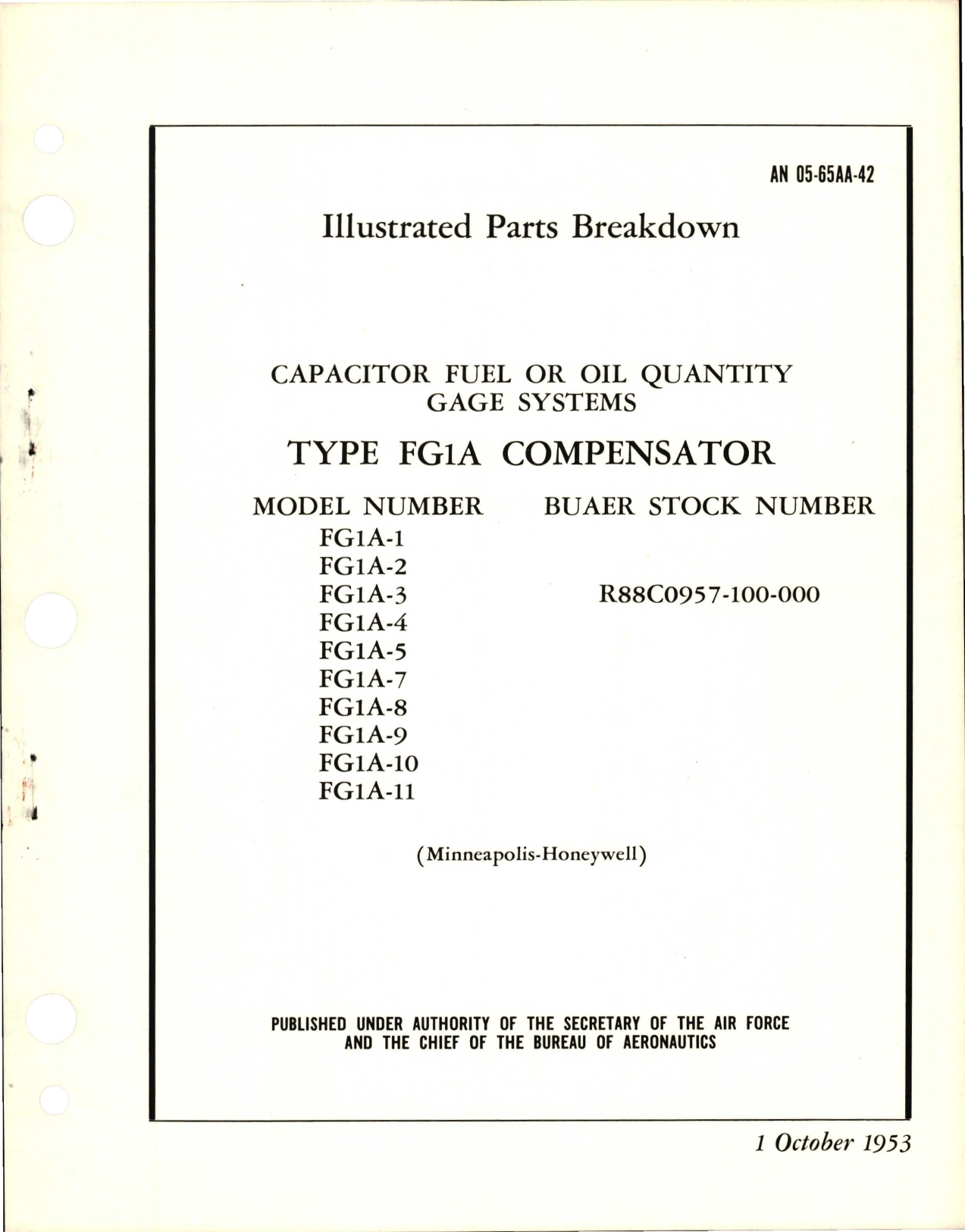 Sample page 1 from AirCorps Library document: Illustrated Parts Breakdown for Compensator - Capacitor Fuel or Oil Quantity Gage Systems - Type FG1A