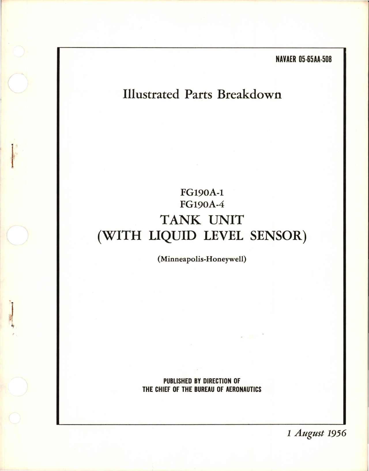 Sample page 1 from AirCorps Library document: Illustrated Parts Breakdown for Tank Unit (w Liquid Level Sensor) - Parts FG190A-1 and FG190A-4 