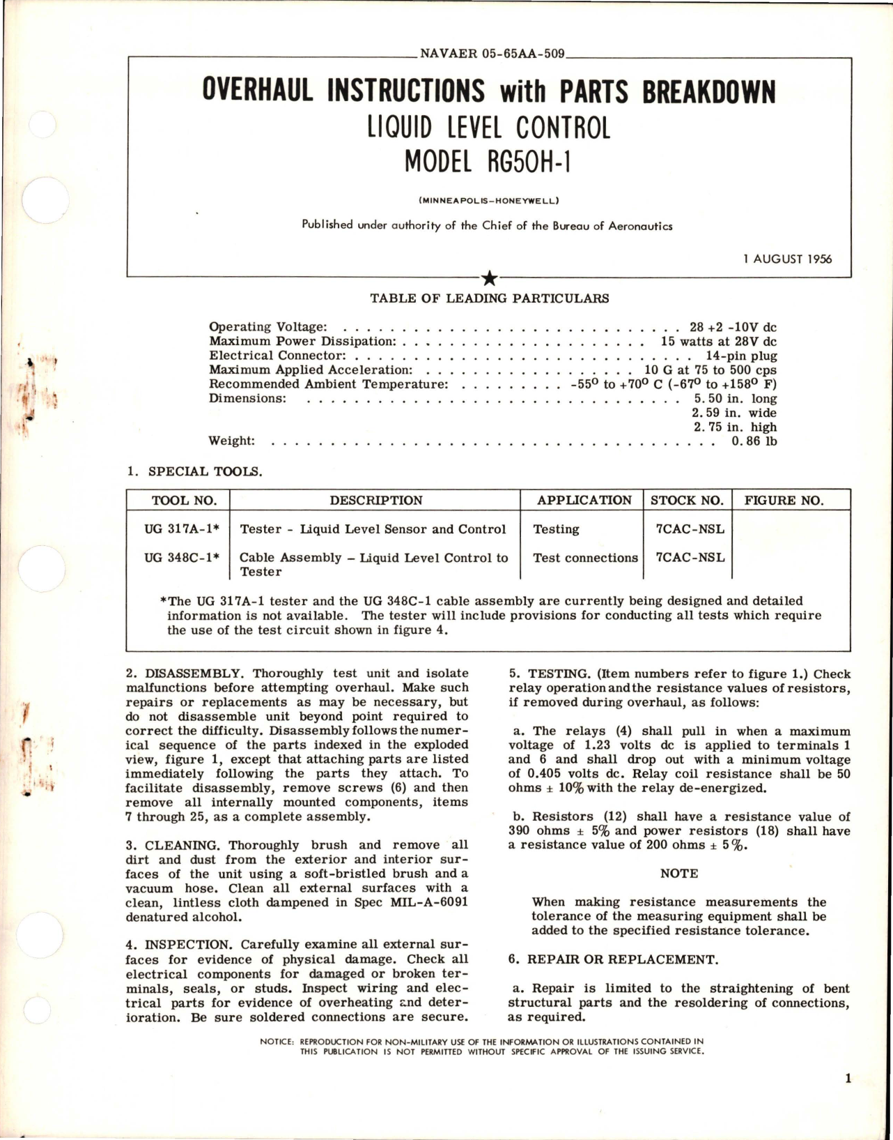 Sample page 1 from AirCorps Library document: Overhaul Instructions with Parts Breakdown for Liquid Level Control - Model RG50H-1 