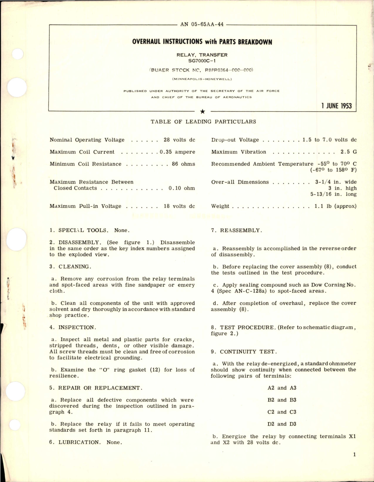 Sample page 1 from AirCorps Library document: Overhaul Instructions with Parts Breakdown for Transfer Relay - SG7000C-1 