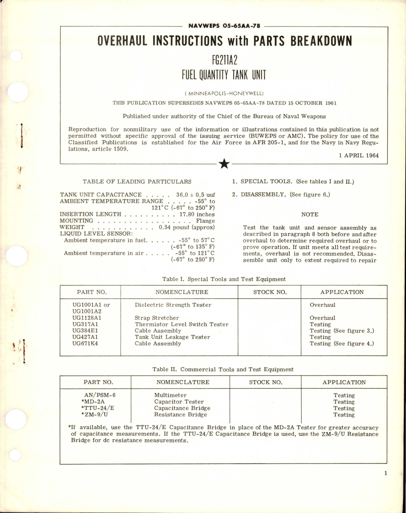 Sample page 1 from AirCorps Library document: Overhaul Instructions with Parts Breakdown for Fuel Quantity Tank Unit - FG211A2 