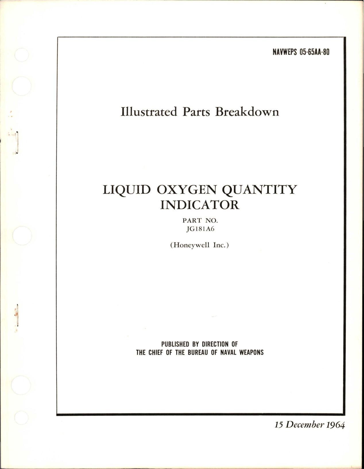 Sample page 1 from AirCorps Library document: Illustrated Parts Breakdown for Liquid Oxygen Quantity Indicator - Part JG181A6