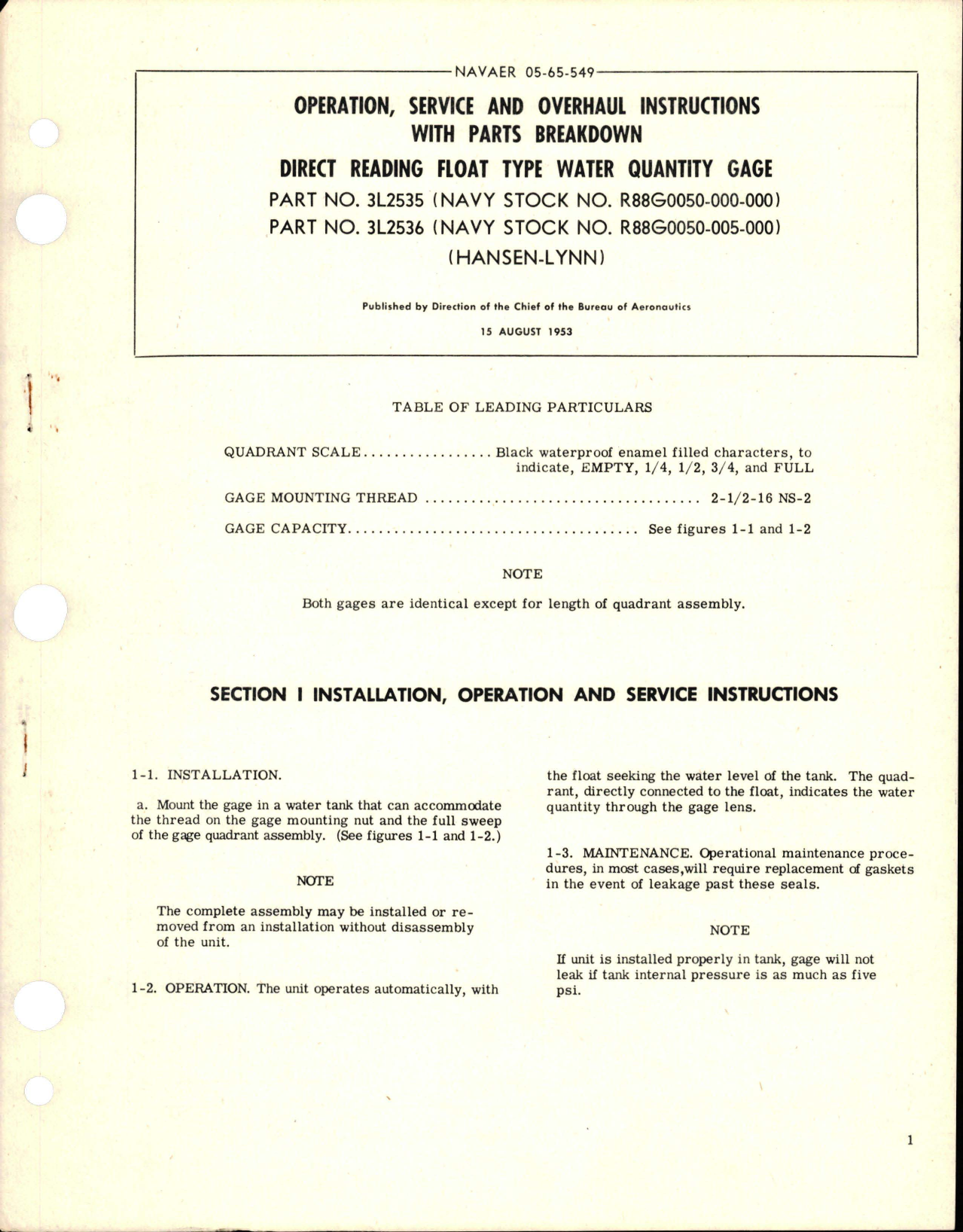 Sample page 1 from AirCorps Library document: Operation, Service and Overhaul Instructions with Parts Breakdown for Direct Reading Float Type Water Quantity Gage 