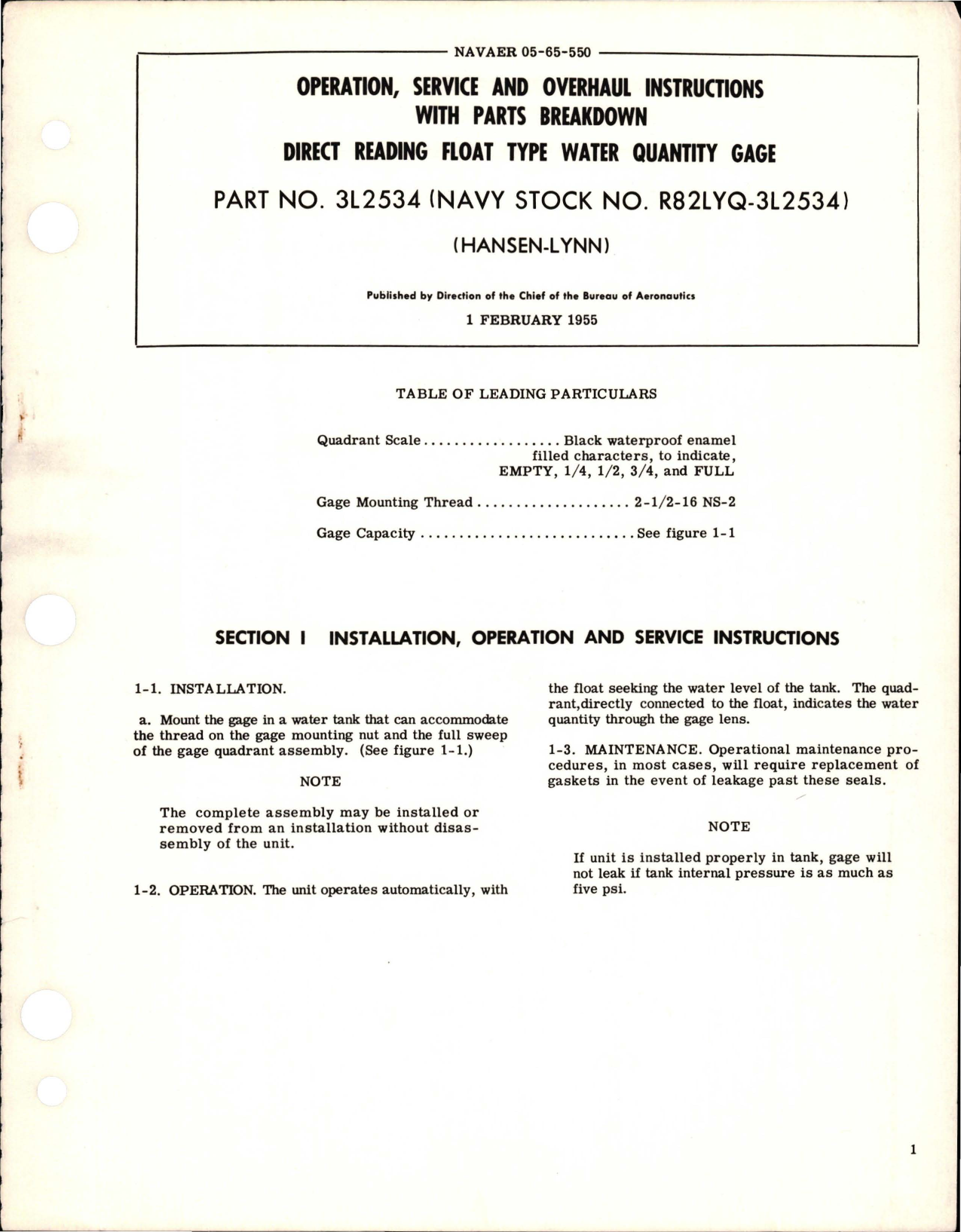 Sample page 1 from AirCorps Library document: Operation, Service and Overhaul Instructions with Parts Breakdown for Direct Reading Float Type Water Quantity Gage - Part 3L2534