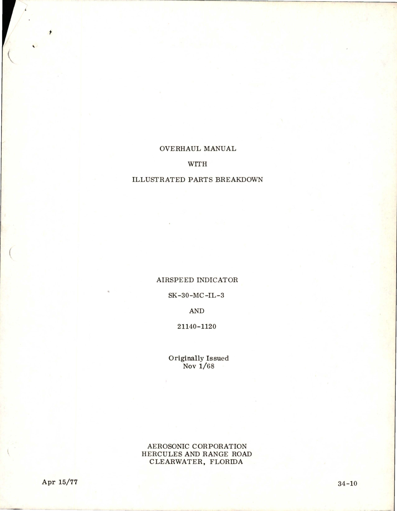 Sample page 1 from AirCorps Library document: Overhaul Manual with Illustrated Parts Breakdown for Airspeed Indicator - SK-30-MC-IL-3 and 21140-1120