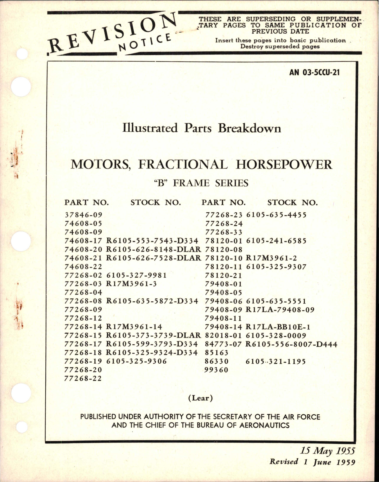 Sample page 1 from AirCorps Library document: Illustrated Parts Breakdown for Fractional Horsepower Motors - B Frame Series