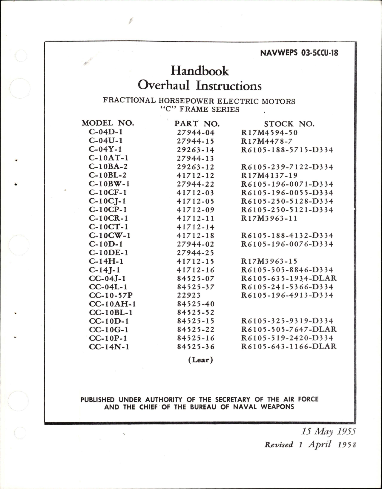 Sample page 1 from AirCorps Library document: Overhaul Instructions for Fractional Horsepower Electric Motors - C Frame Series 