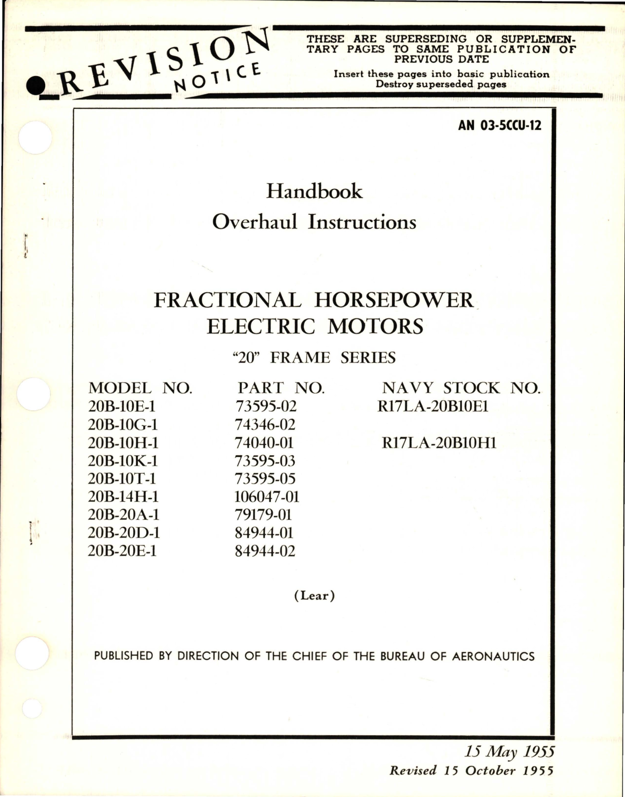 Sample page 1 from AirCorps Library document: Overhaul Instructions for Fractional Horsepower Electric Motors - 20 Frame Series 