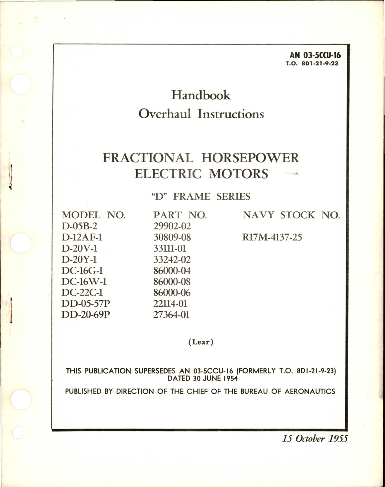 Sample page 1 from AirCorps Library document: Fractional Horsepower Electric Motors - D Frame Series 