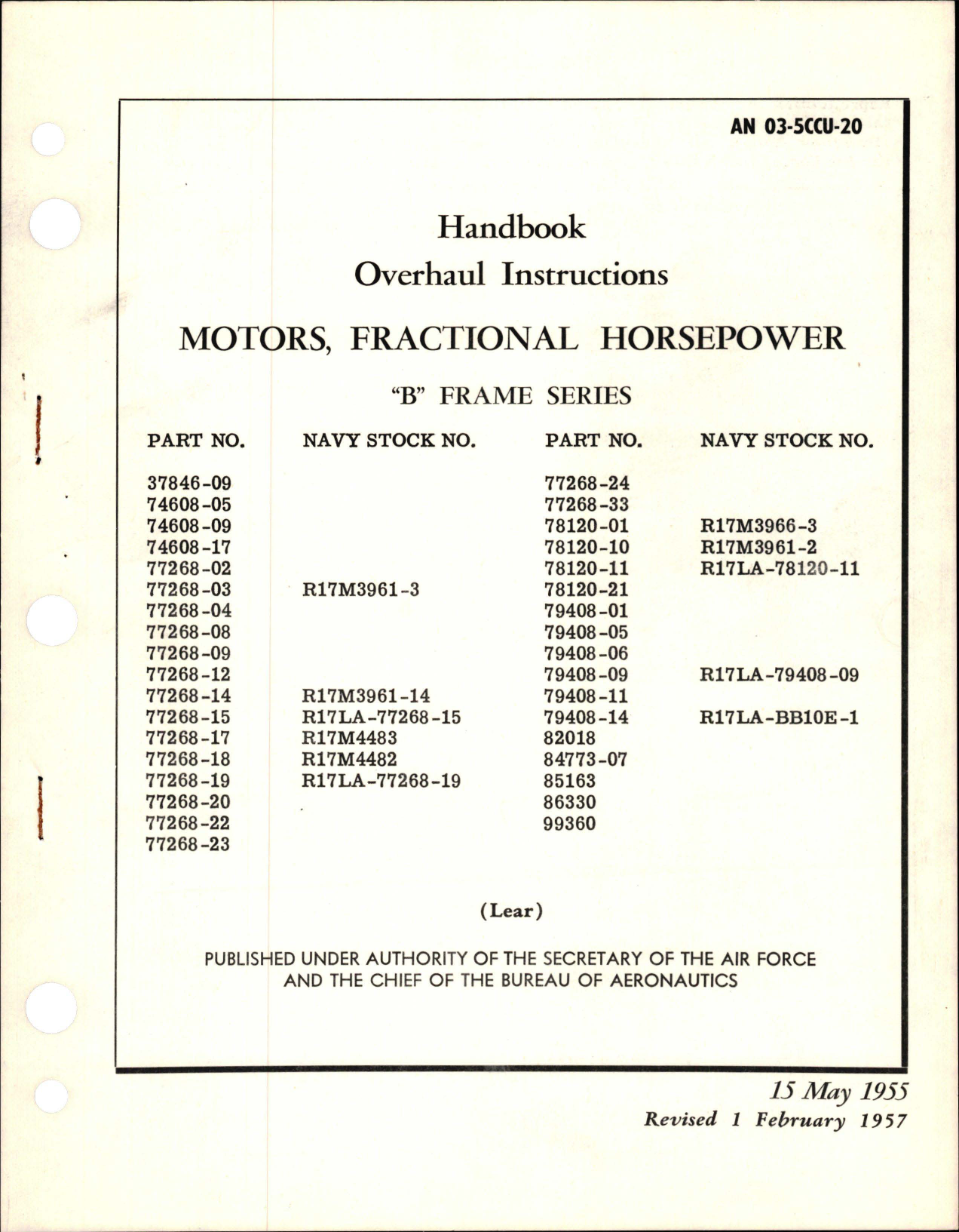 Sample page 1 from AirCorps Library document: Overhaul Instructions for Fractional Horsepower Motors - B Frame 