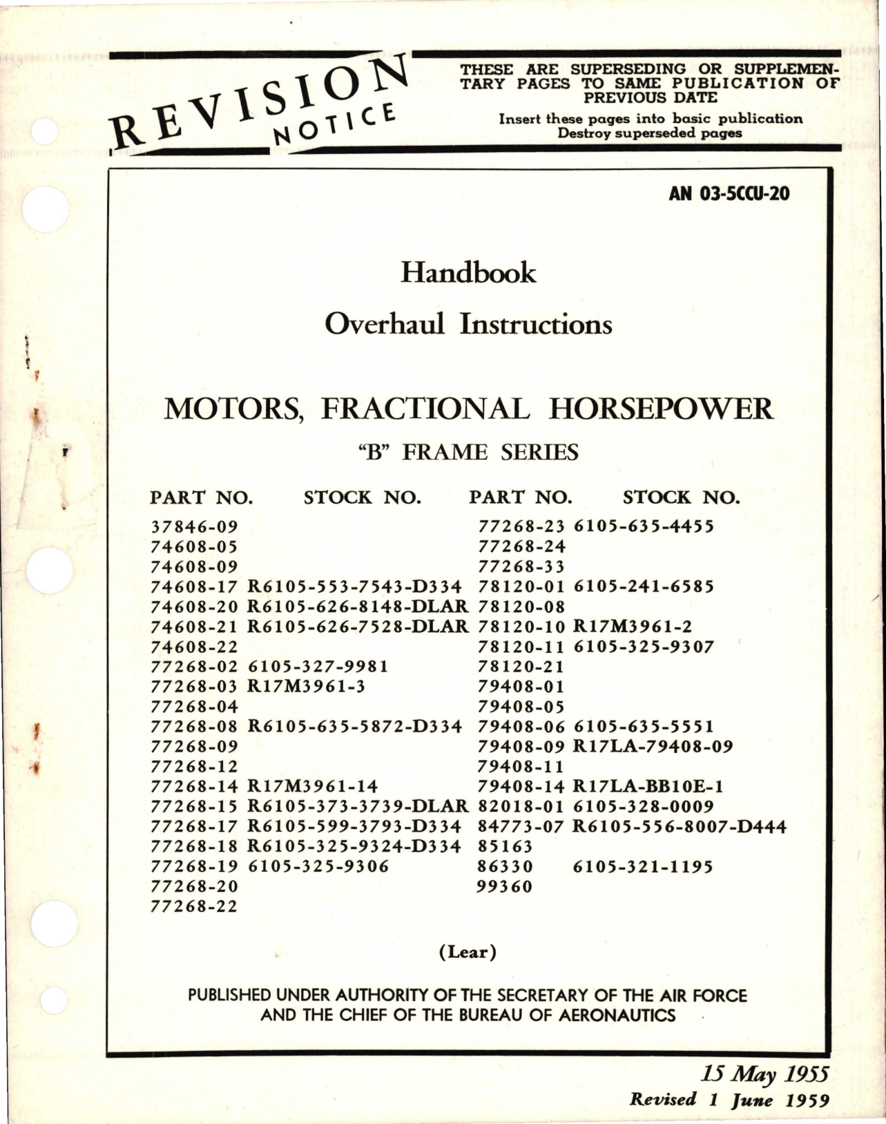 Sample page 1 from AirCorps Library document: Overhaul Instructions for Fractional Horsepower Motors - B Frame 