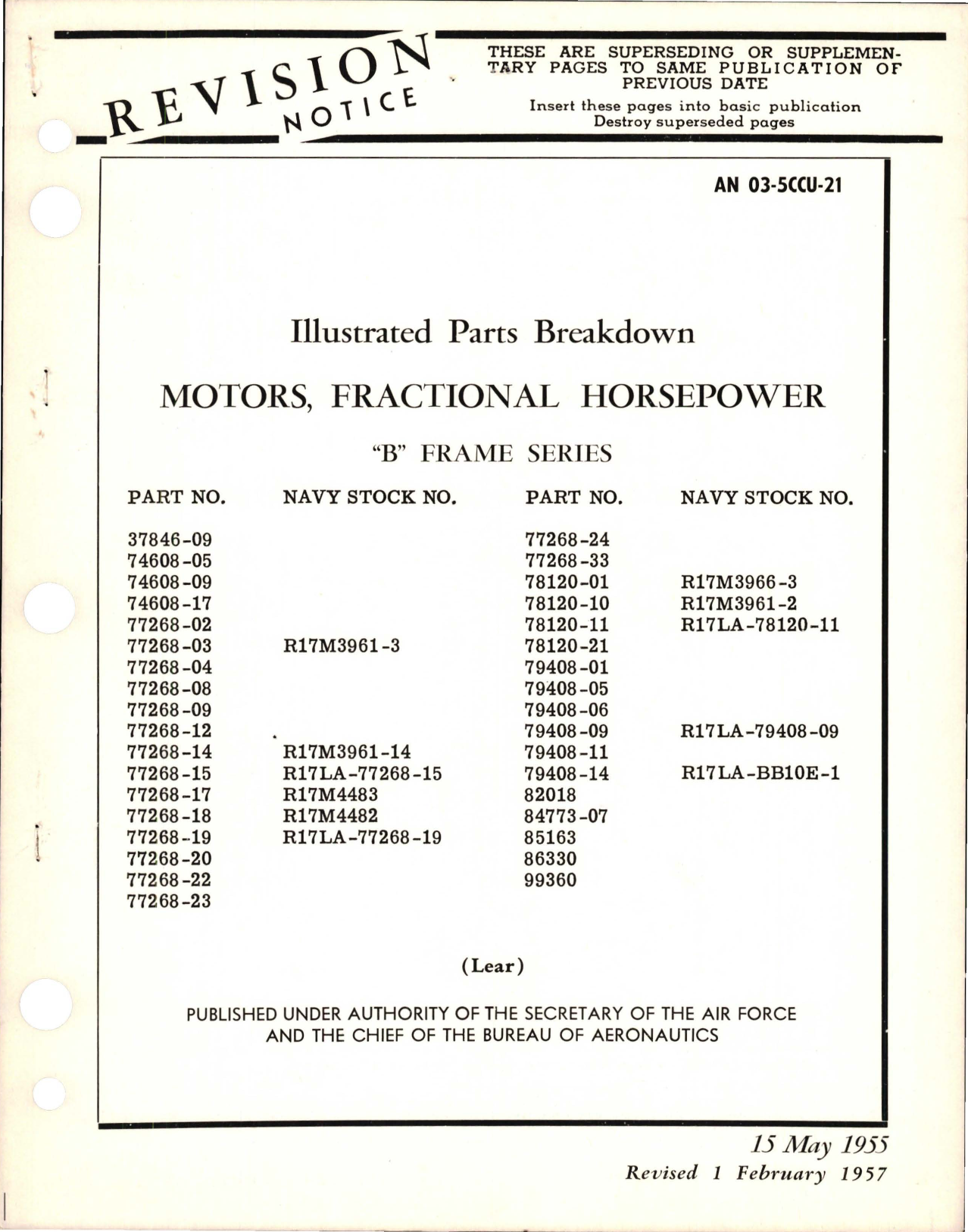 Sample page 1 from AirCorps Library document: Illustrated Parts Breakdown for Fractional Horsepower Motors - B Frame Series 