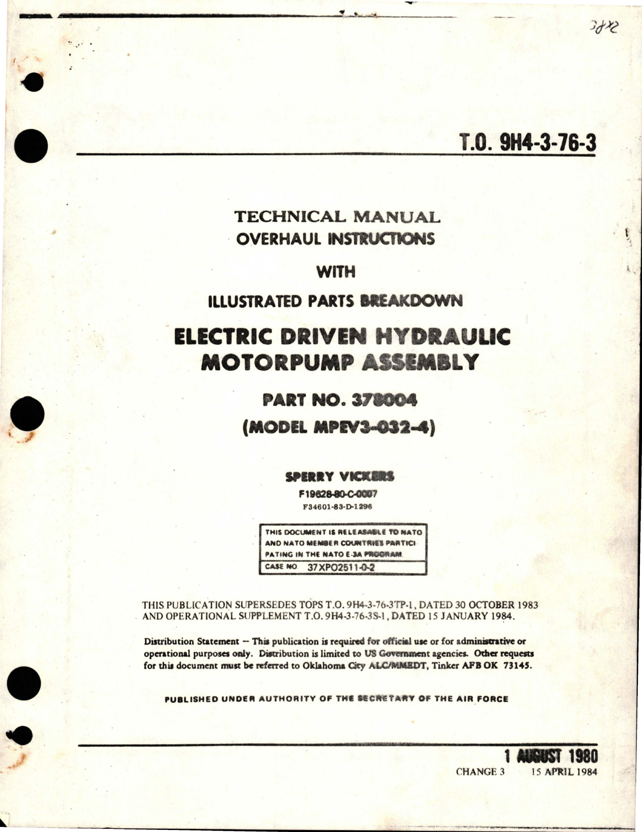 Sample page 1 from AirCorps Library document: Overhaul Instructions with Illustrated Parts for Electric Driven Hydraulic Motorpump Assembly - Part 378004 - Model MPEV3-032-4