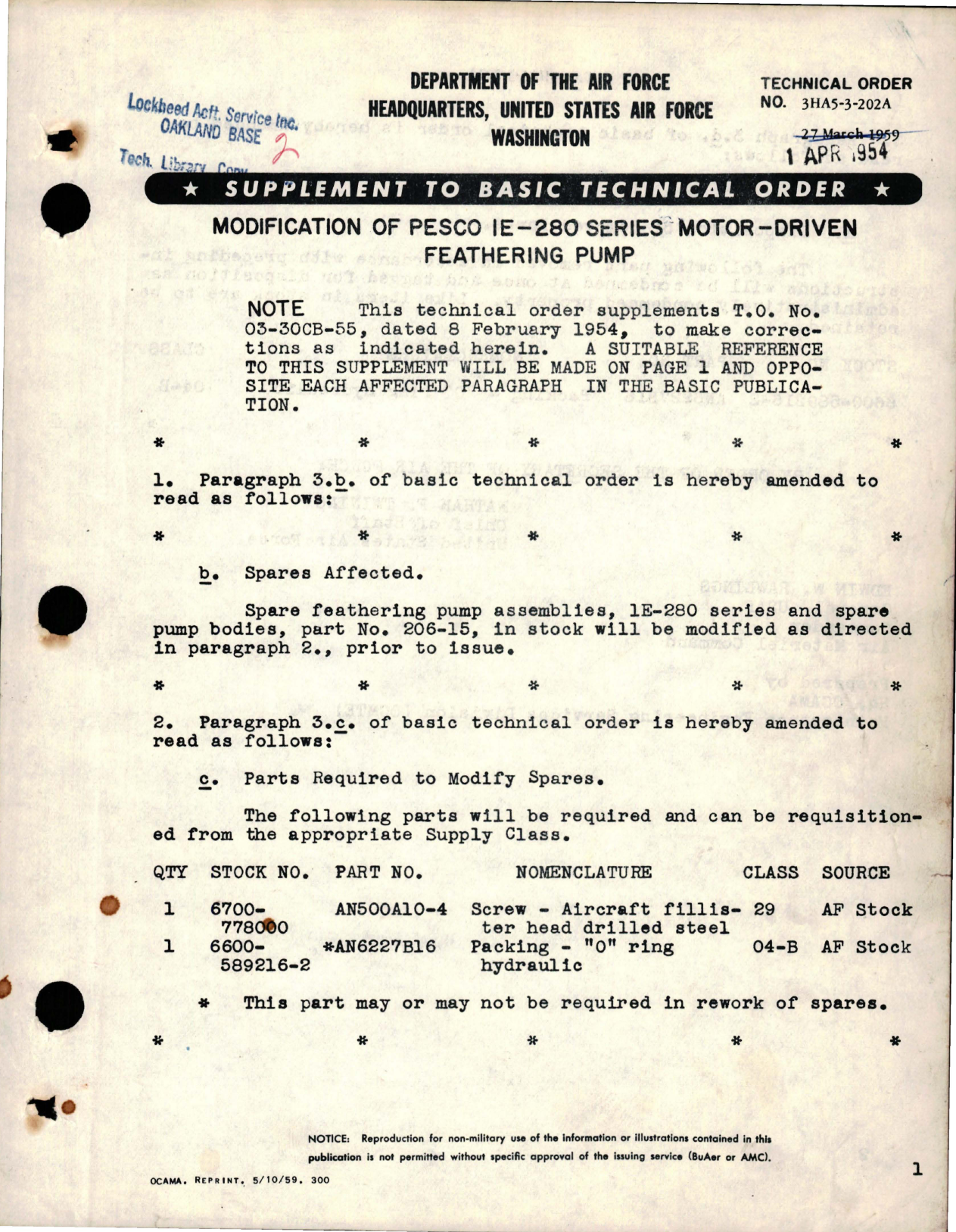 Sample page 1 from AirCorps Library document: Supplement to Modification of IE-280 Series Motor Driven Feathering Pump