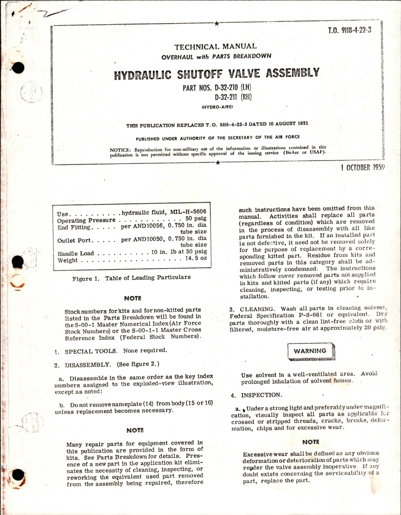 Sample page 1 from AirCorps Library document: Overhaul with Parts Breakdown for Hydraulic Shutoff Valve Assy - Parts D-32-210 (LH), D-32-211 (RH)