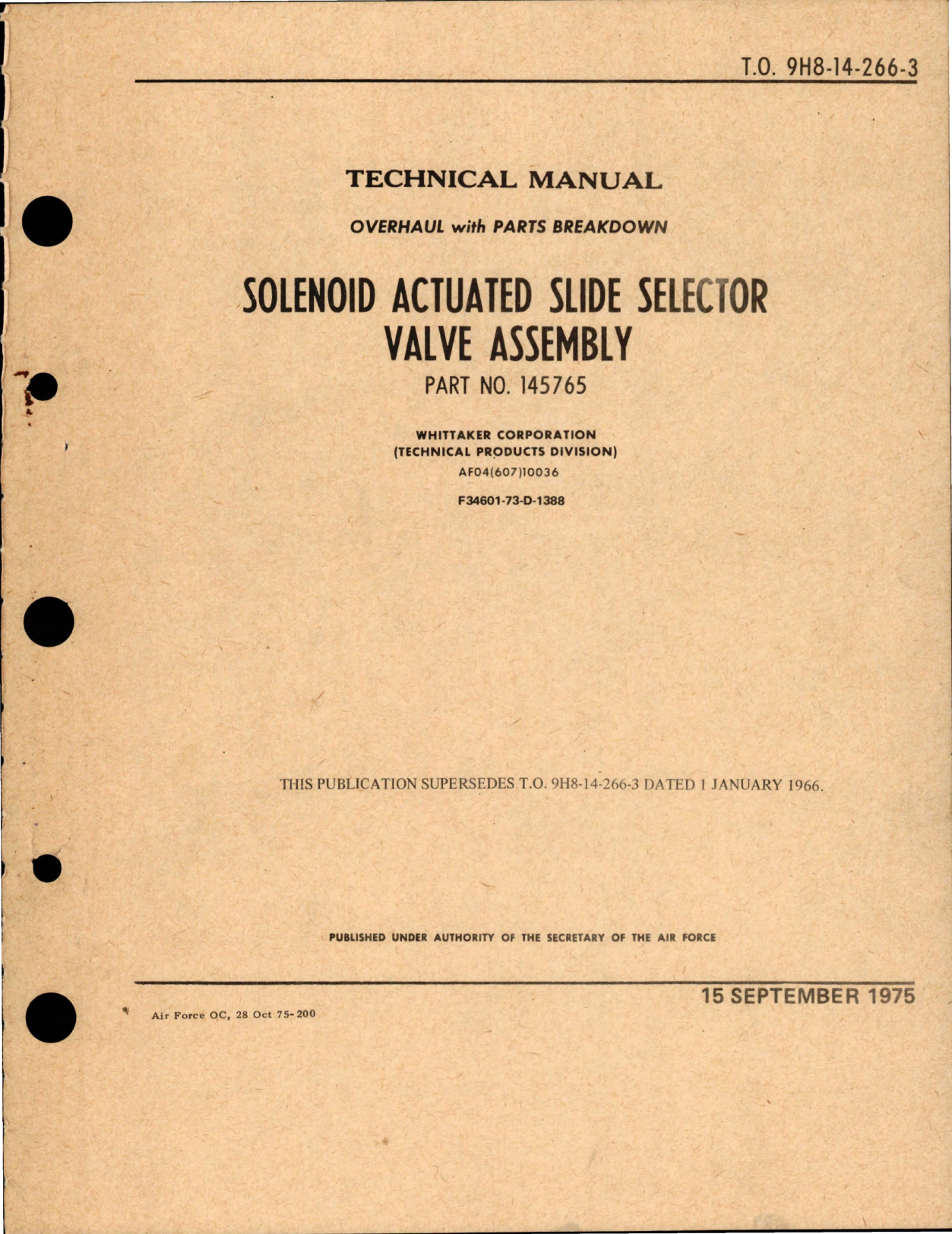 Sample page 1 from AirCorps Library document: Overhaul with Parts Breakdown for Solenoid Actuated Slide Selector Valve Assembly - Part 145765 
