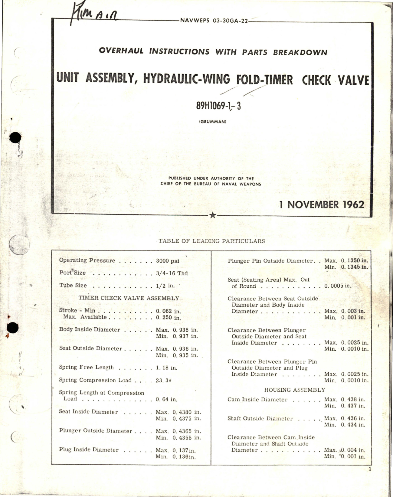 Sample page 1 from AirCorps Library document: Overhaul Instructions with Parts for Hydraulic Wing Fold Timer Check Valve Unit Assembly - 89H1069-1 and 89H1069-3