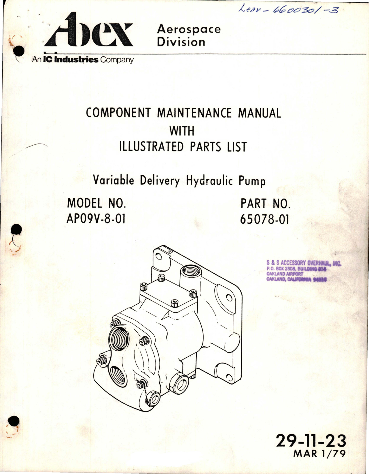 Sample page 1 from AirCorps Library document: Maintenance Manual with Illustrated Parts List for Variable Delivery Hydraulic Pump - Model AP09V-8-01 - Part 65078-01