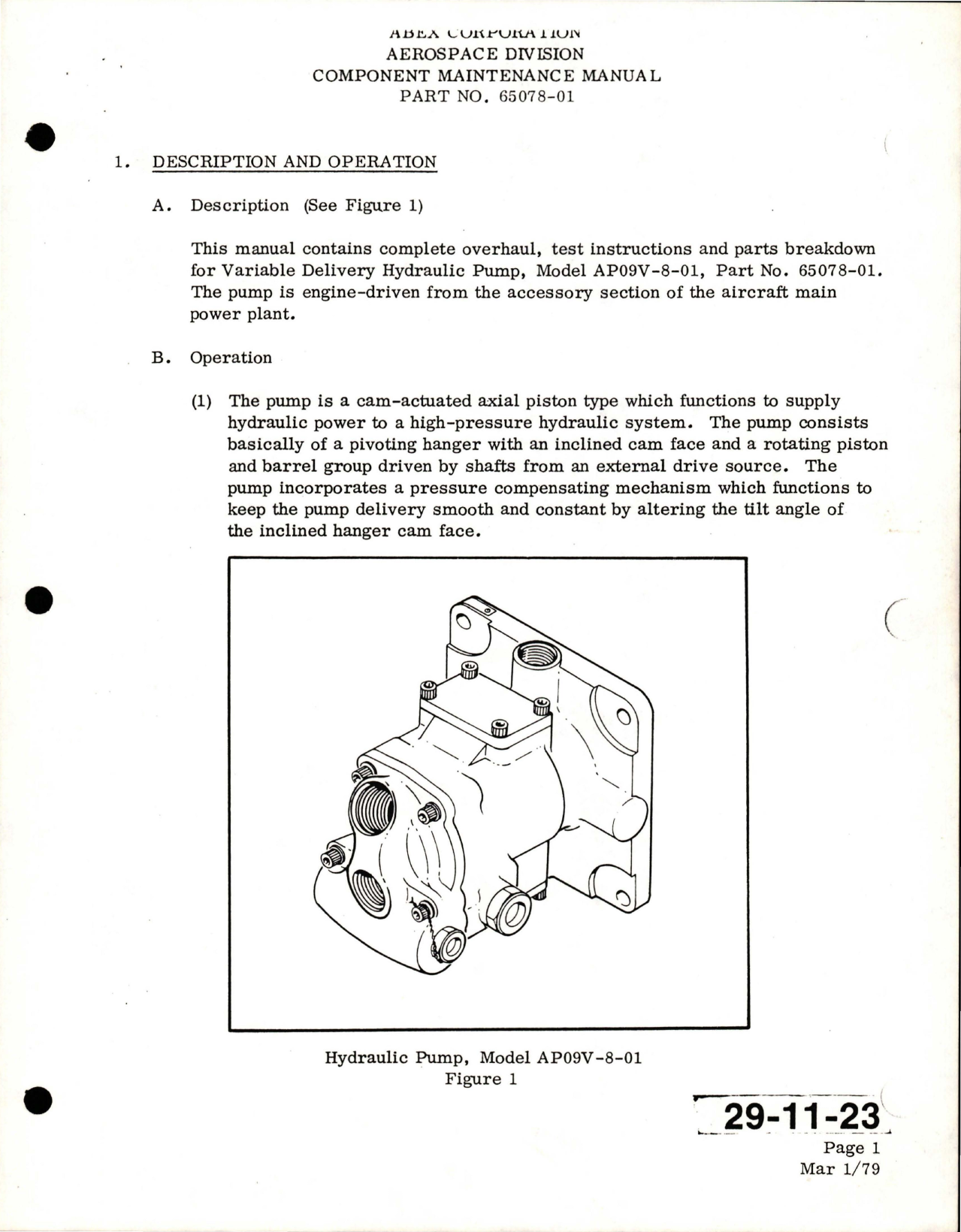Sample page 7 from AirCorps Library document: Maintenance Manual with Illustrated Parts List for Variable Delivery Hydraulic Pump - Model AP09V-8-01 - Part 65078-01