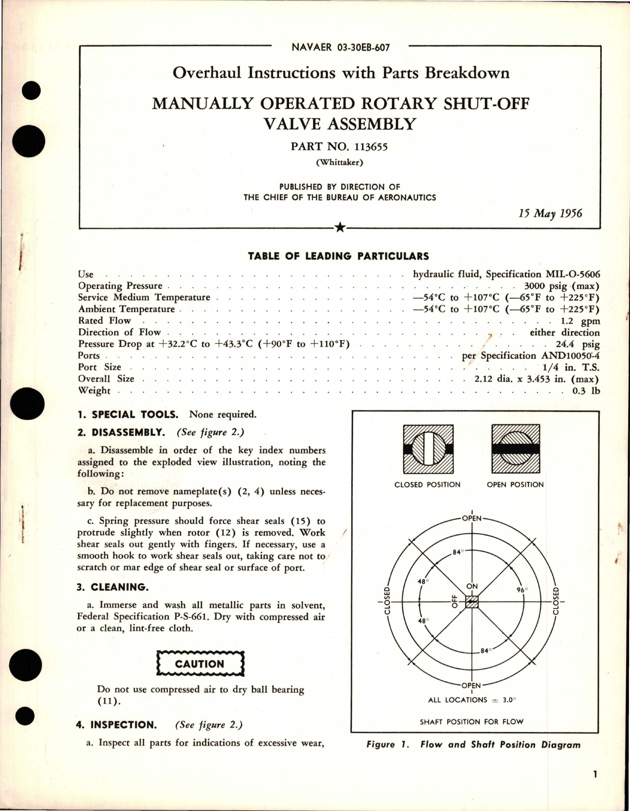 Sample page 1 from AirCorps Library document: Overhaul Instructions with Parts for Manually Operated Rotary Shut Off Valve Assembly - Part 113655