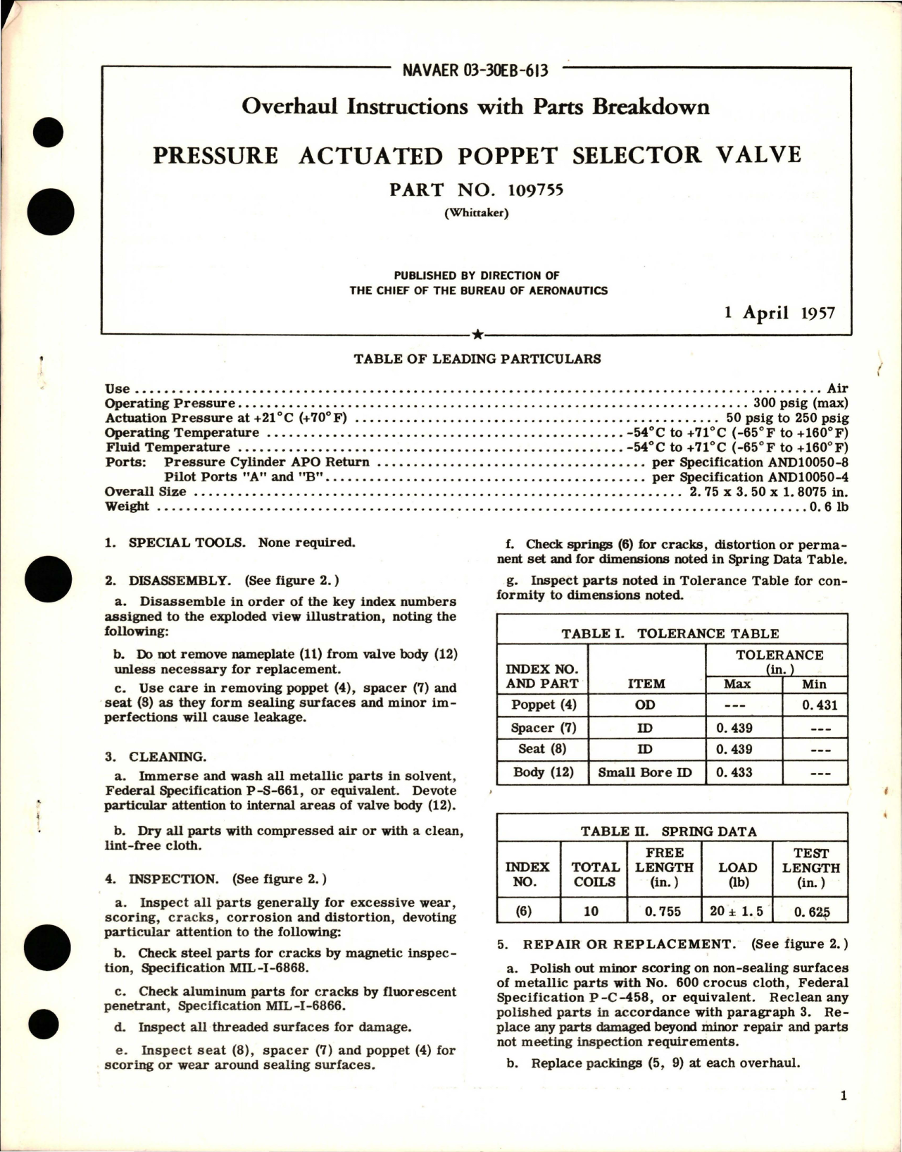 Sample page 1 from AirCorps Library document: Overhaul Instructions with Parts for Pressure Actuated Poppet Selector Valve - Part 109755