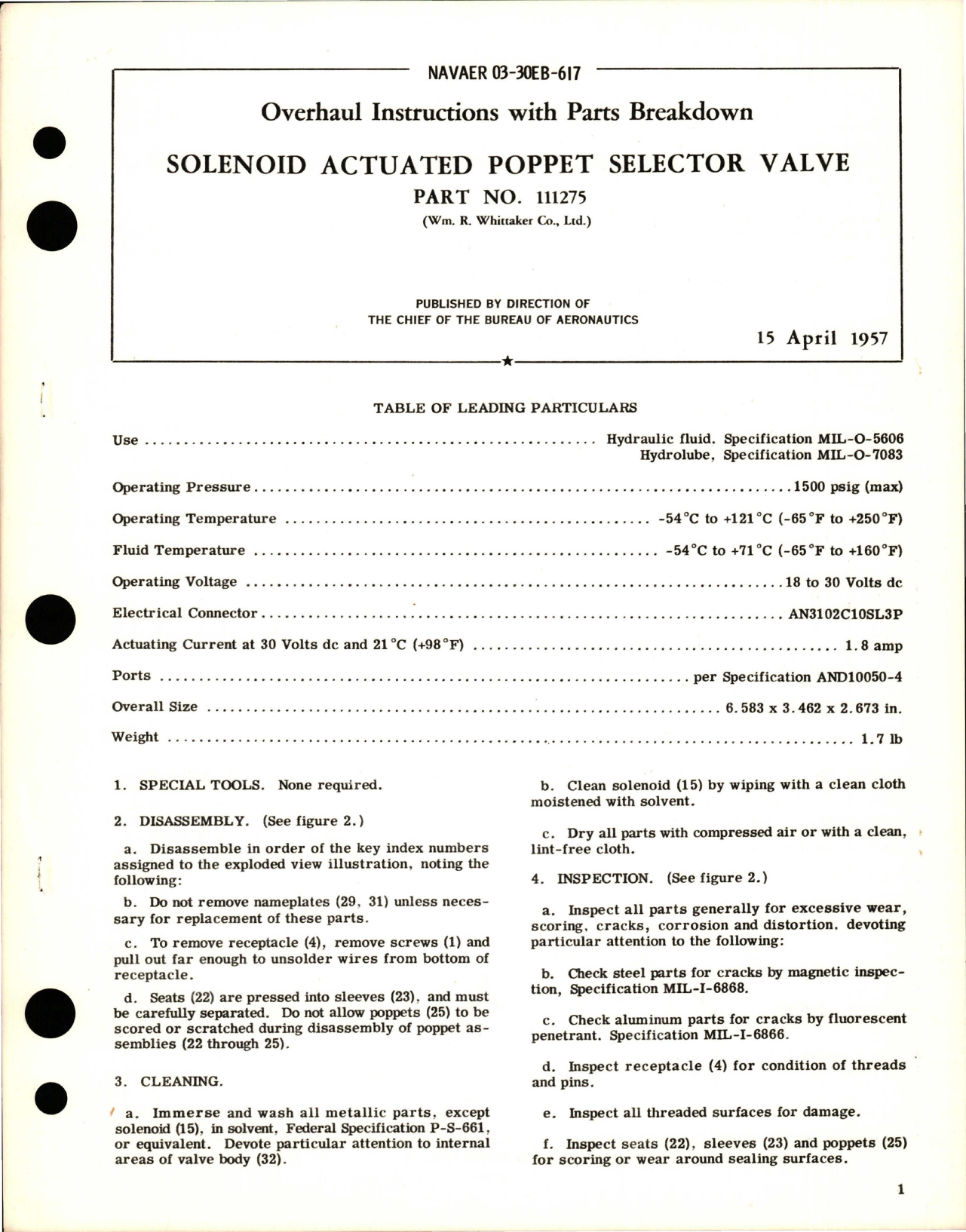Sample page 1 from AirCorps Library document: Overhaul Instructions with Parts for Solenoid Actuated Poppet Selector Valve - Part 111275
