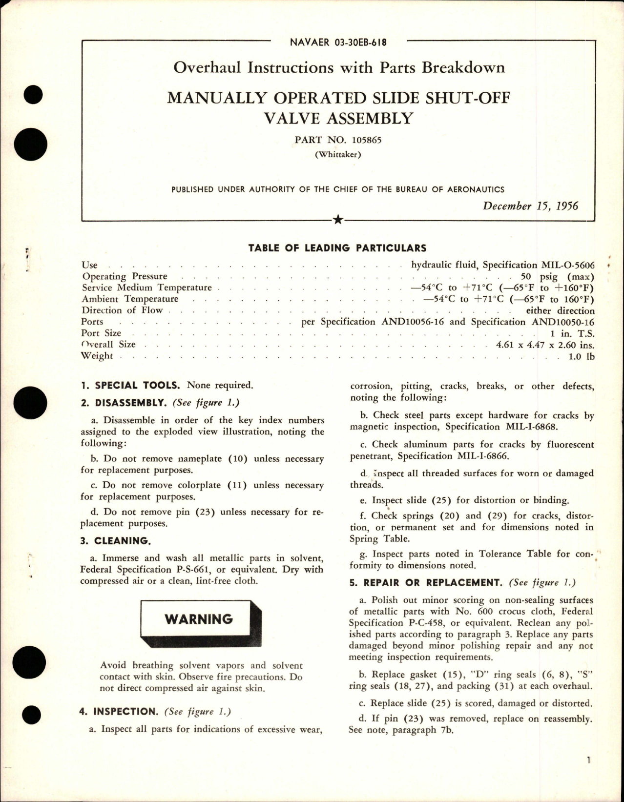 Sample page 1 from AirCorps Library document: Overhaul Instructions w Parts for Manually Operated Slide Shut Off Valve Assy - Parts 105865