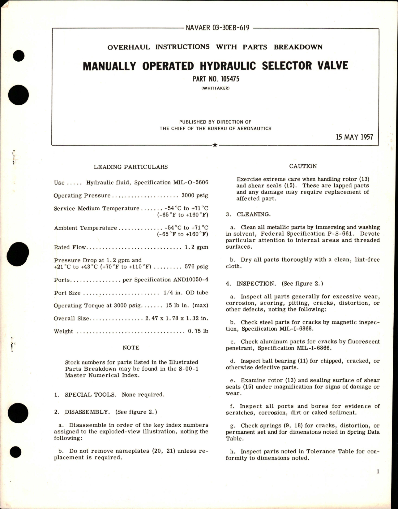 Sample page 1 from AirCorps Library document: Overhaul Instructions with Parts for Manually Operated Hydraulic Selector Valve - Part 105475