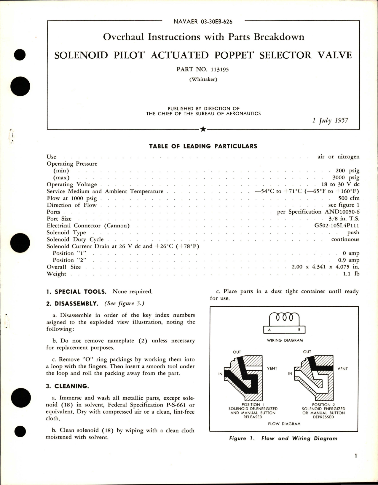 Sample page 1 from AirCorps Library document: Overhaul Instructions with Parts for Solenoid Pilot Actuated Poppet Selector Valve - Part 113195