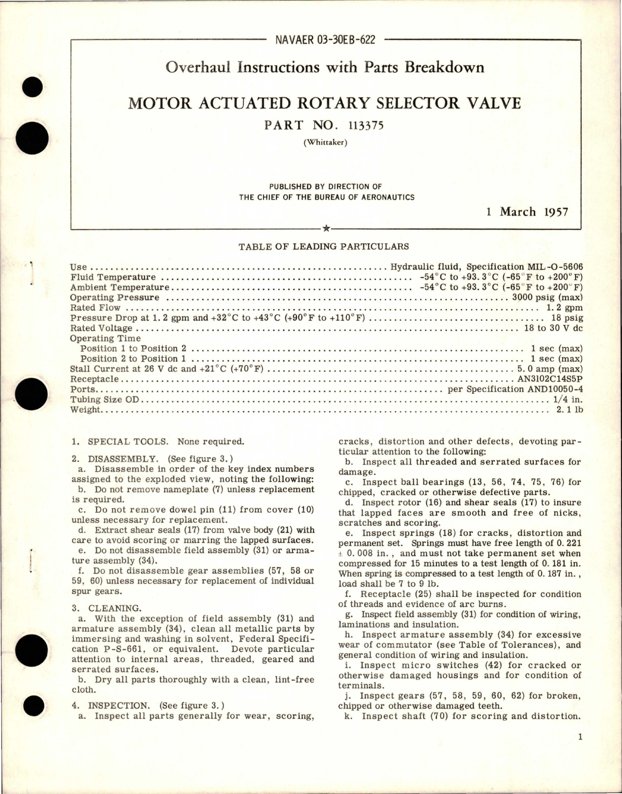 Sample page 1 from AirCorps Library document: Overhaul Instructions with Parts for Motor Actuated Rotary Selector Valve - Part 113375