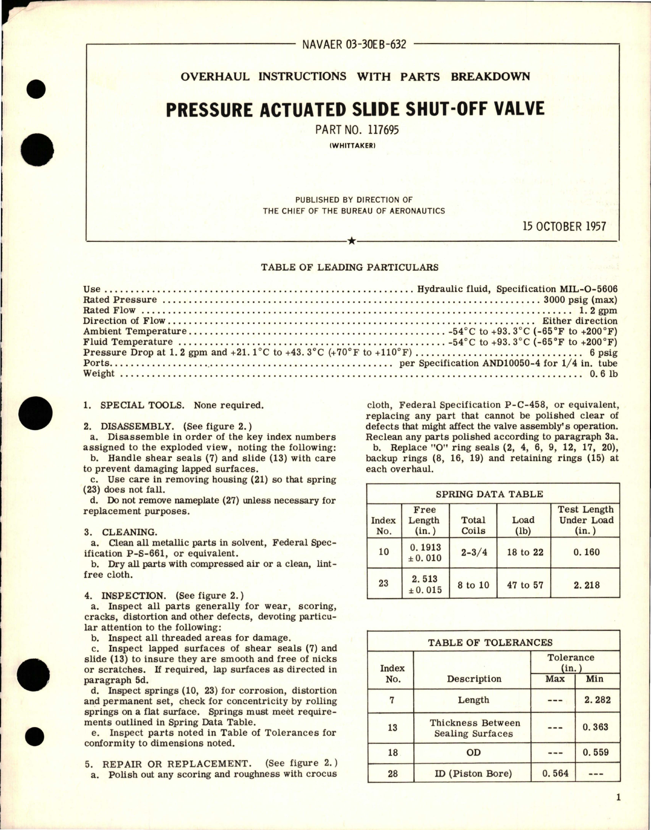 Sample page 1 from AirCorps Library document: Overhaul Instructions with Parts for Pressure Actuated Slide Shut Off Valve - Part 117695
