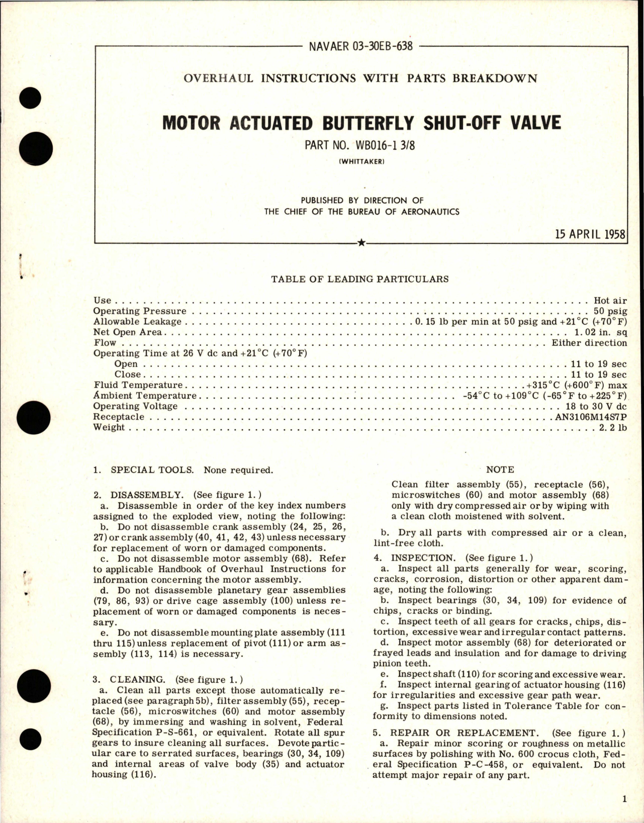 Sample page 1 from AirCorps Library document: Overhaul Instructions with Parts for Motor Actuated Butterfly Shut Off Valve - Part WB016-1 3-8