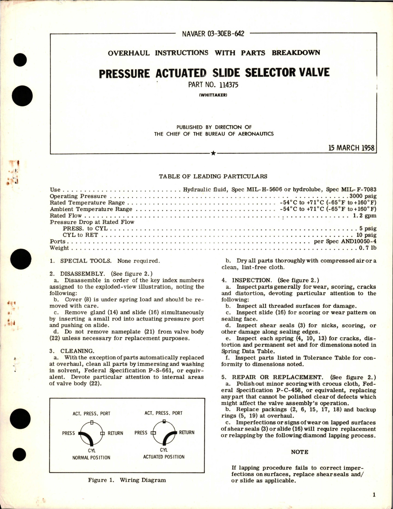 Sample page 1 from AirCorps Library document: Overhaul Instructions with Parts for Pressure Actuated Slide Selector Valve - Part 114375