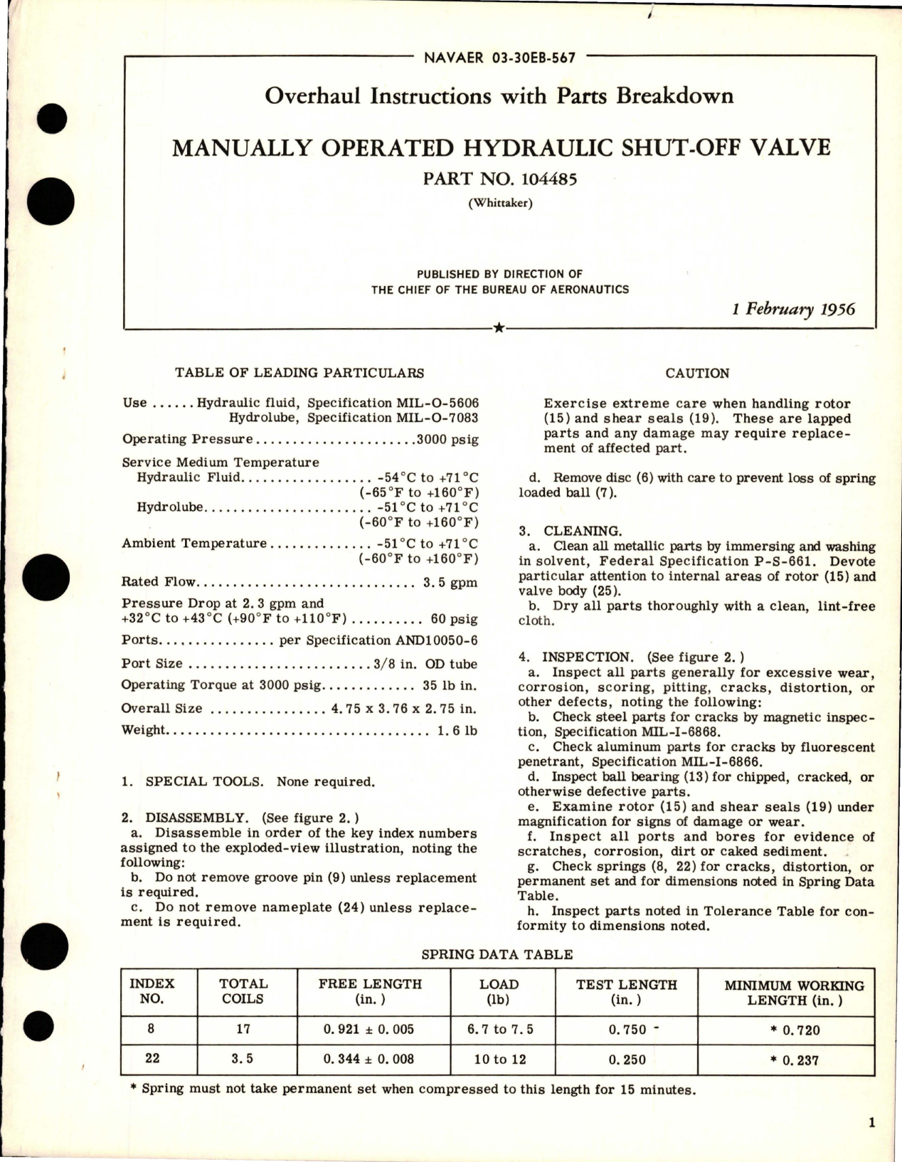 Sample page 1 from AirCorps Library document: Overhaul Instructions with Parts for Manually Operated Hydraulic Shut Off Valve - Part 104485