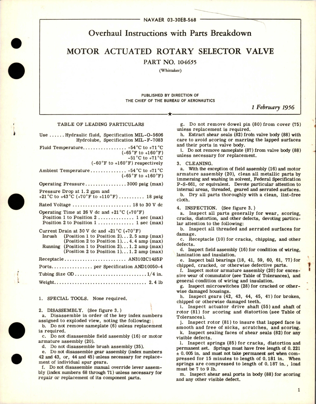 Sample page 1 from AirCorps Library document: Overhaul Instructions with Parts Breakdown for Motor Actuated Rotary Selector Valve - Part 104655