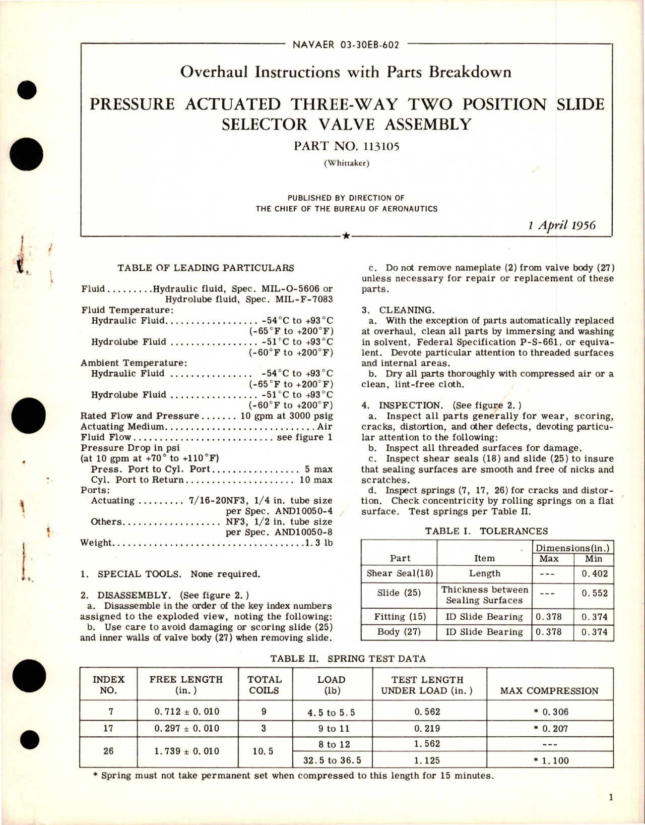 Sample page 1 from AirCorps Library document: Overhaul Instructions with Parts for Pressure Actuated Three Way Two Position Slide Selector Valve Assembly - Part 113105