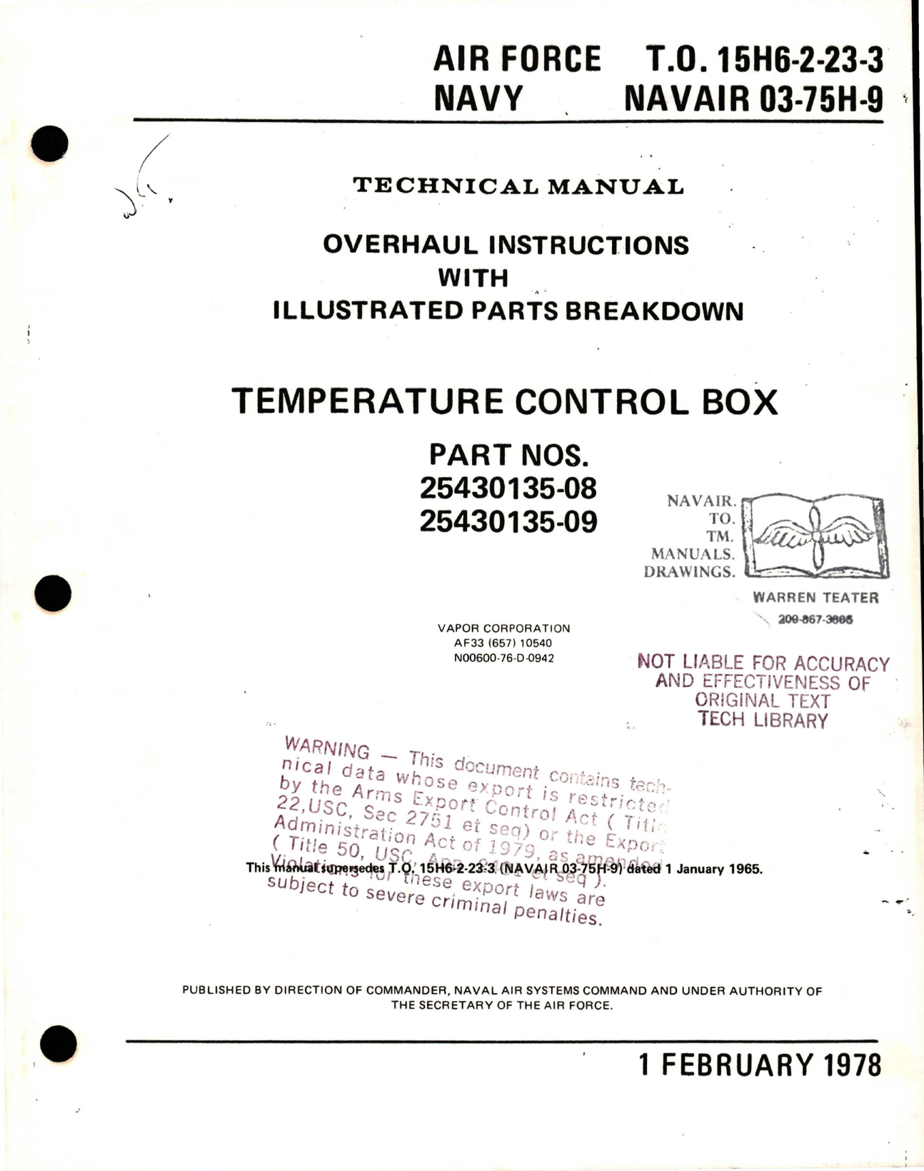 Sample page 1 from AirCorps Library document: Overhaul Instructions with Illustrated Parts Breakdown for Temperature Control Box - Parts 25430135-08, 25430135-09